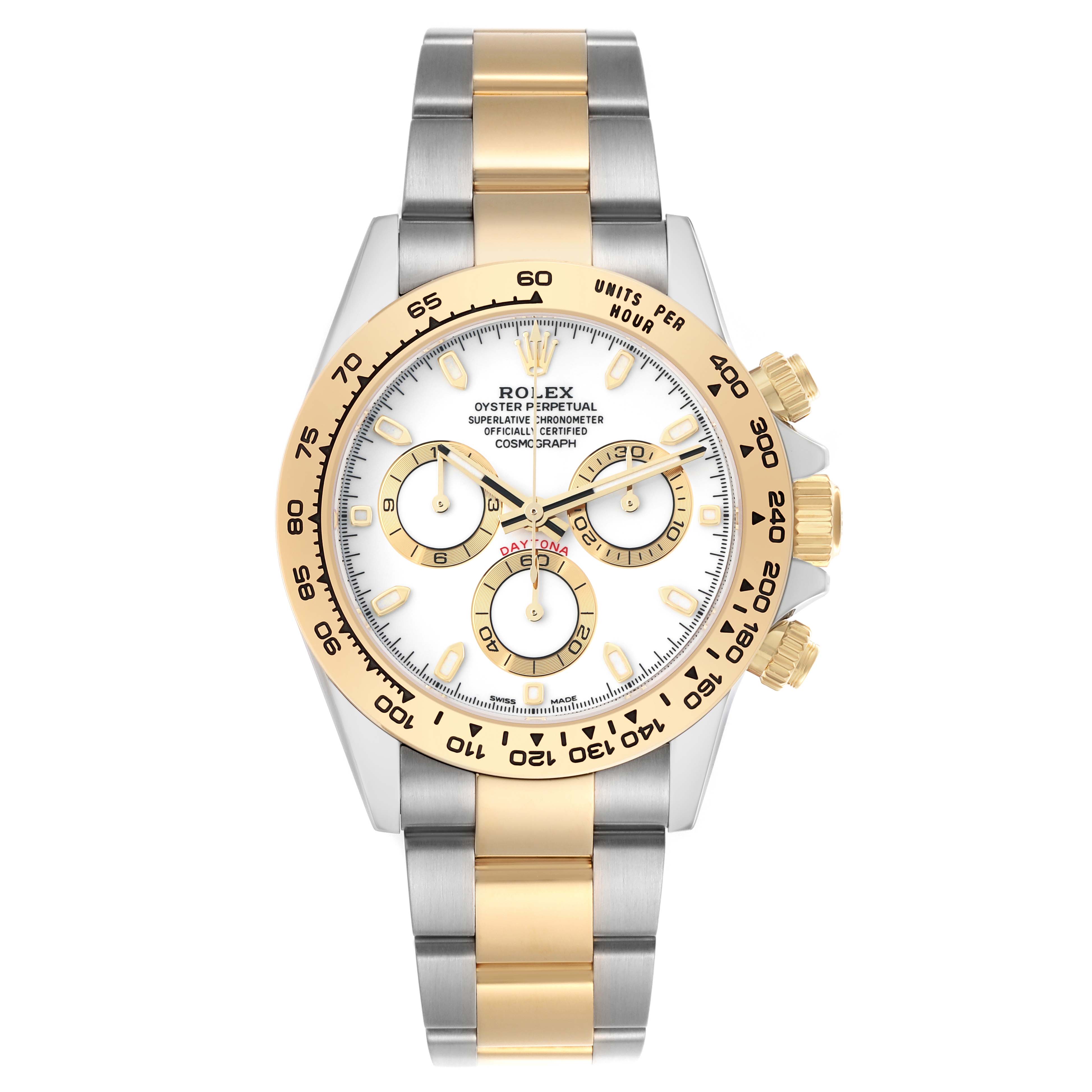 The Rolex Daytona 116503 Men
s Steel and Gold (two tone) White Dial watch is shown from the front, highlighting its dial, bezel, and two-tone bracelet.