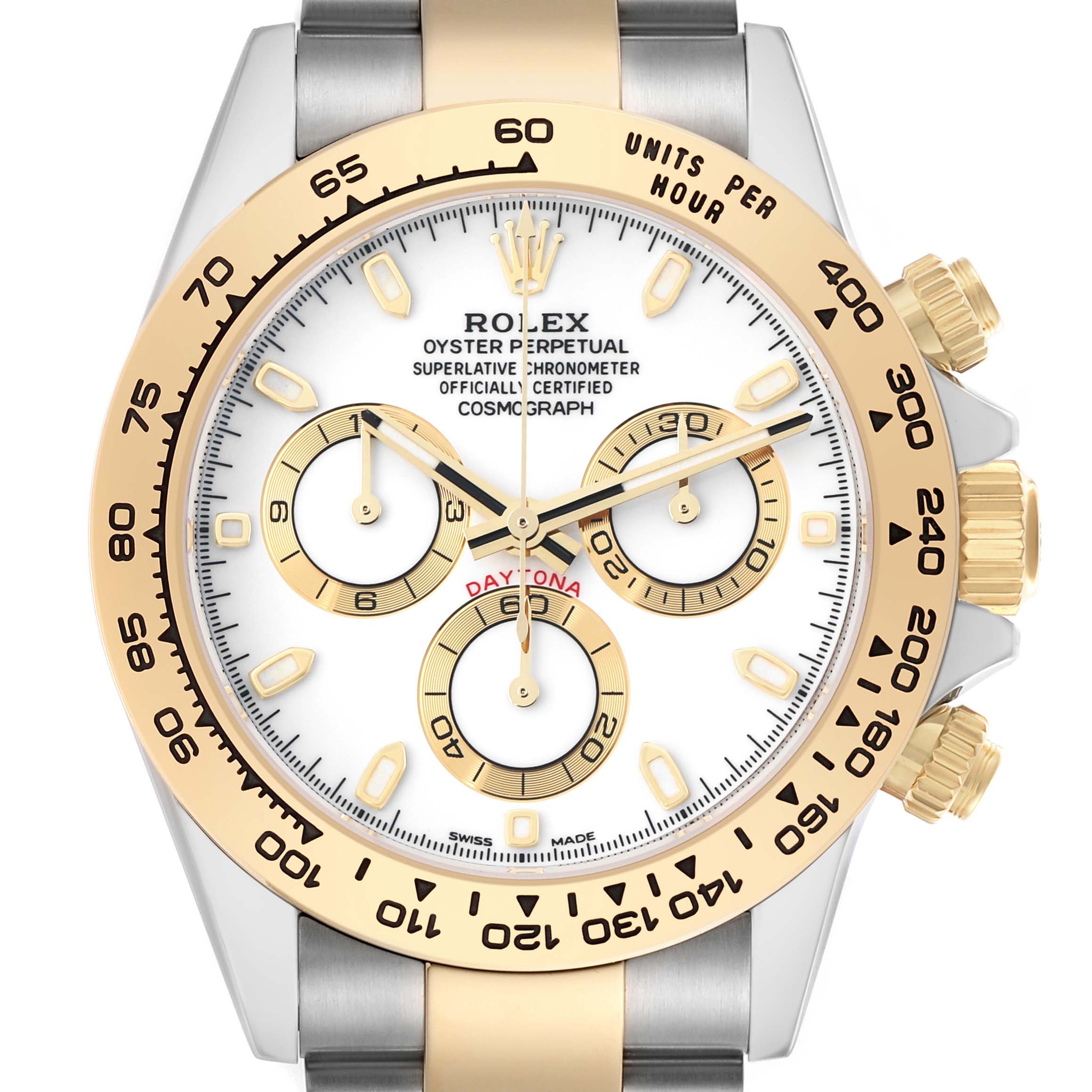 The Rolex Daytona 116503 Men
s Steel and Gold (two tone) White Dial watch is shown from a front angle, highlighting the dial, bezel, and crown.