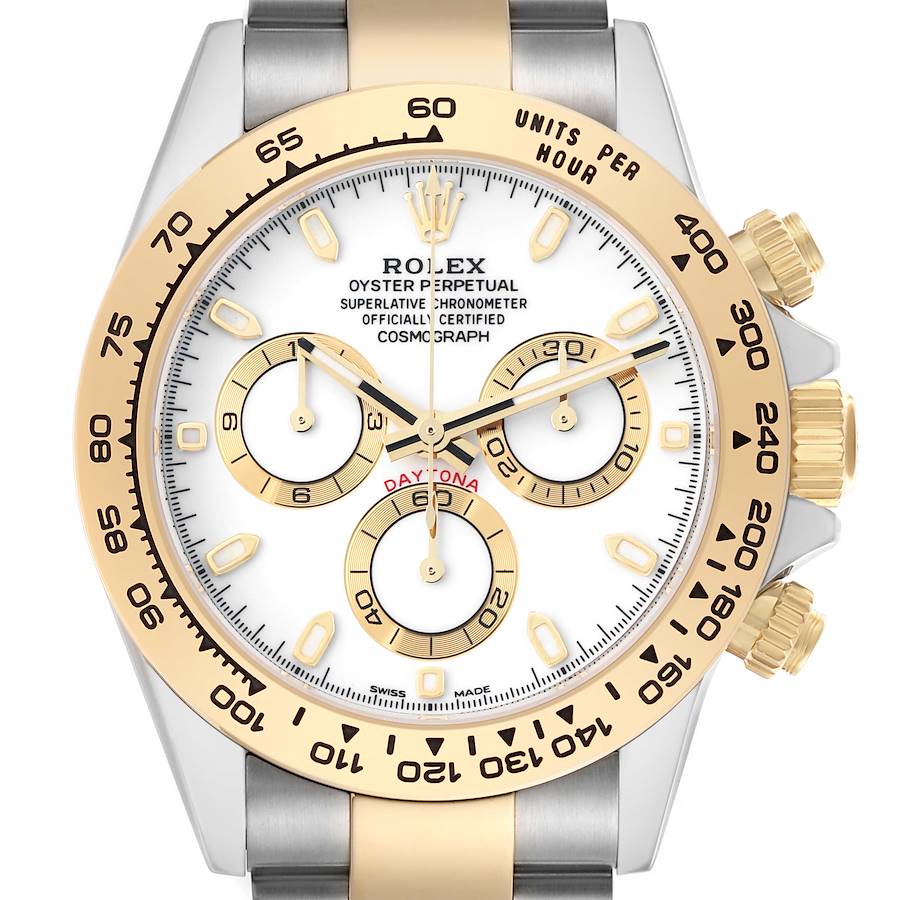 The Rolex Daytona 116503 Men's Steel and Gold (two tone) White Dial watch is shown from a front angle, highlighting the dial, bezel, and crown.