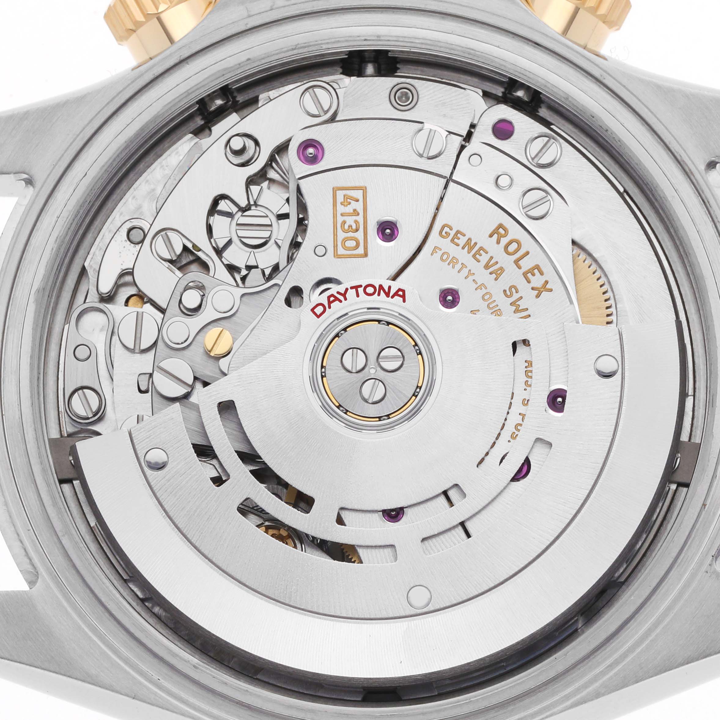 The image shows the movement mechanism of a Rolex Daytona 116503 Men
s Steel and Gold (two tone) White Dial watch viewed from the back.