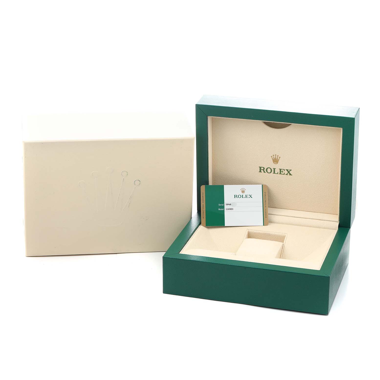 The image shows the packaging and card for a Rolex Daytona 116503 Men
s Steel and Gold (two tone) White Dial, including the outer box, inner box, and guarantee card.
