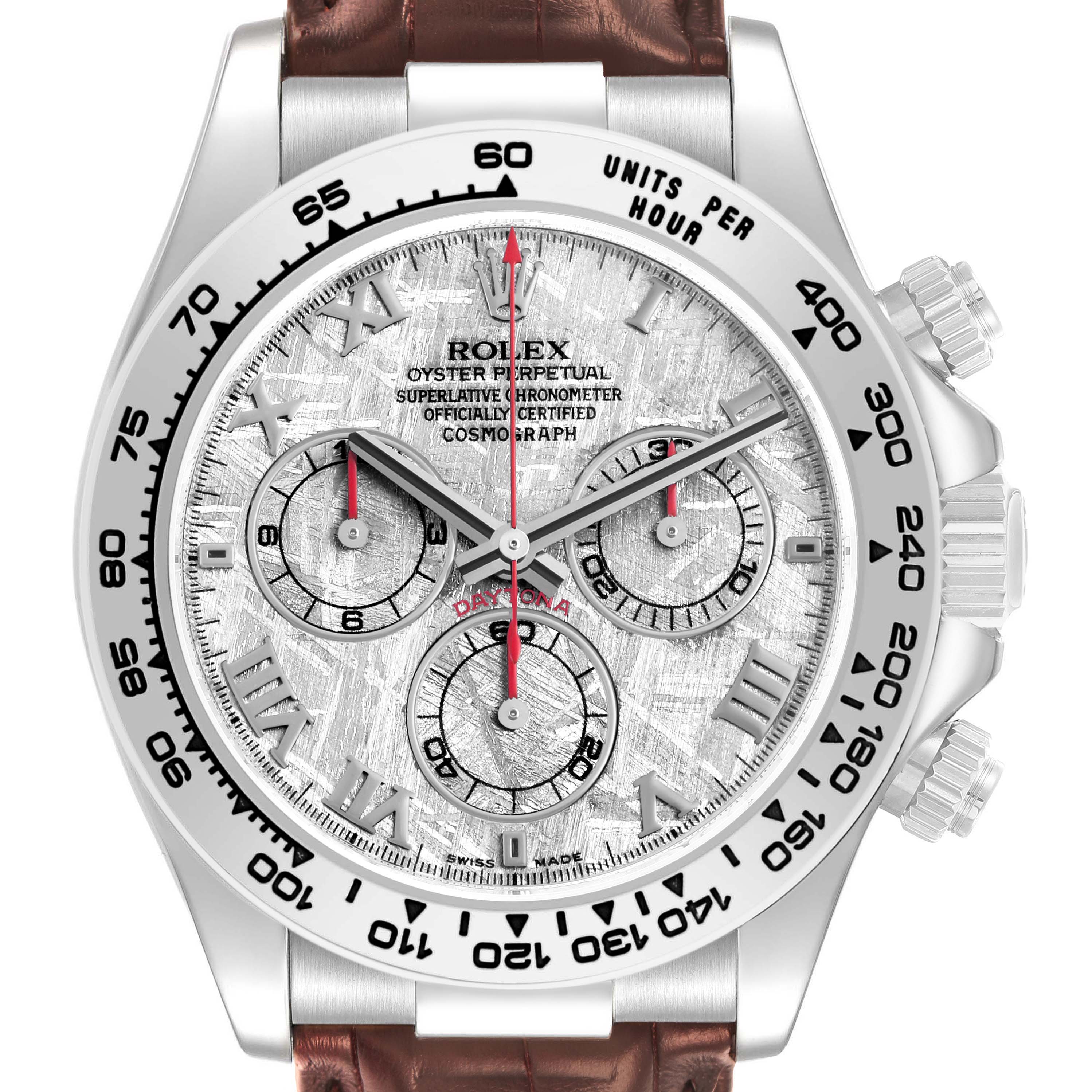 The Rolex Daytona 116519 Men's White Gold Silver Dial watch is shown from a front angle, highlighting the dial, bezel, subdials, and crown.