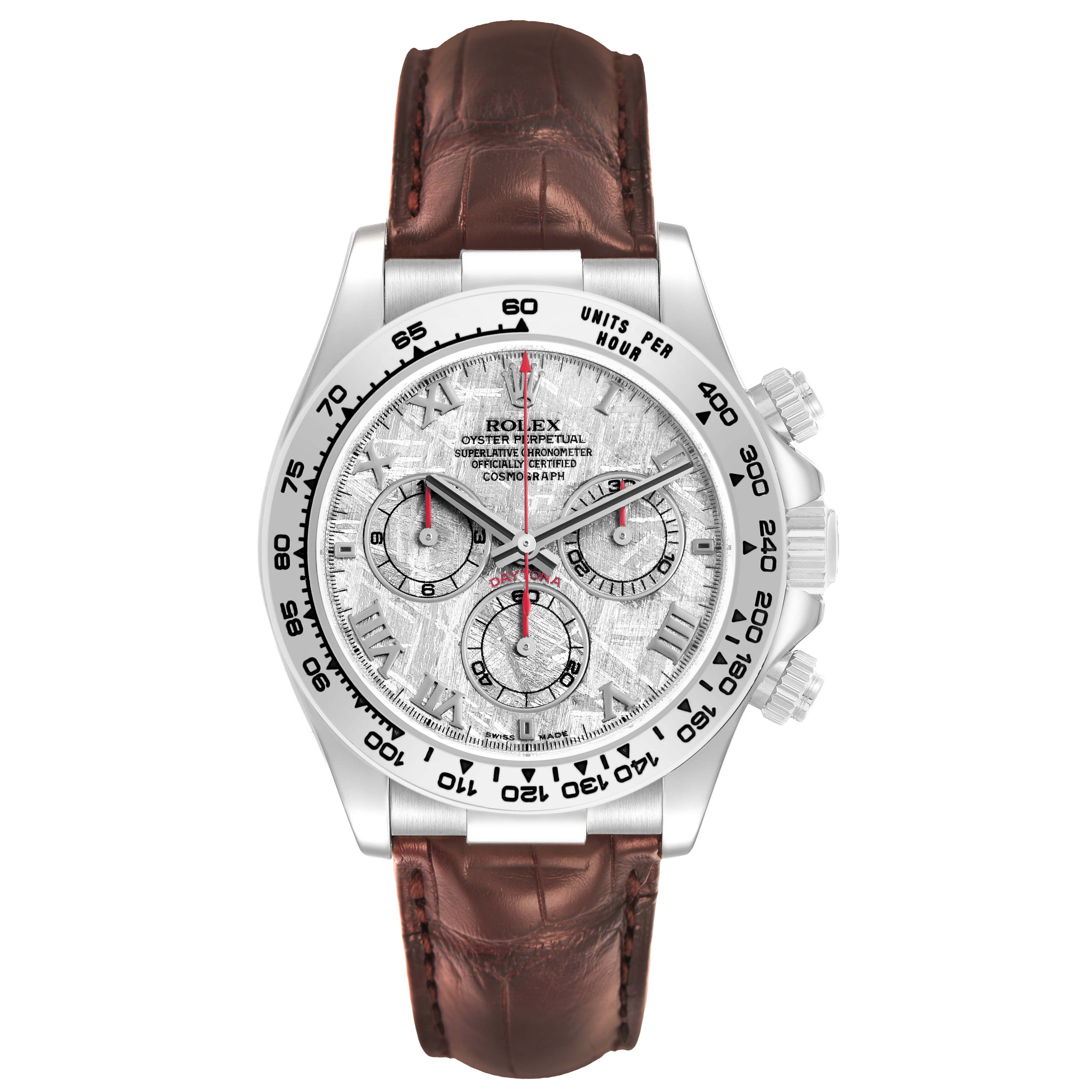 The Rolex Daytona 116519 Men's White Gold Silver Dial watch is shown from the front, displaying the dial, bezel, chronograph sub-dials, and leather strap.