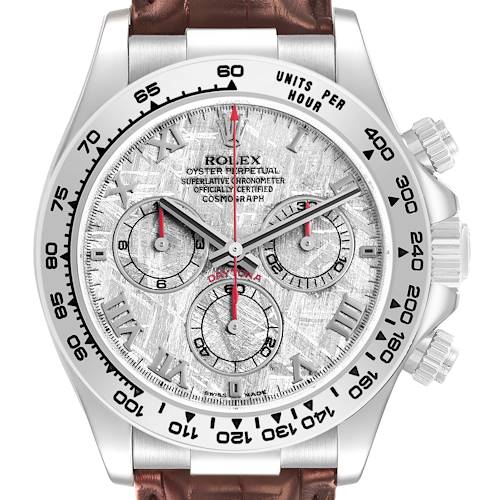 The Rolex Daytona 116519 Men's White Gold Silver Dial watch is shown from the front, highlighting the dial, bezel, and sub-dials.