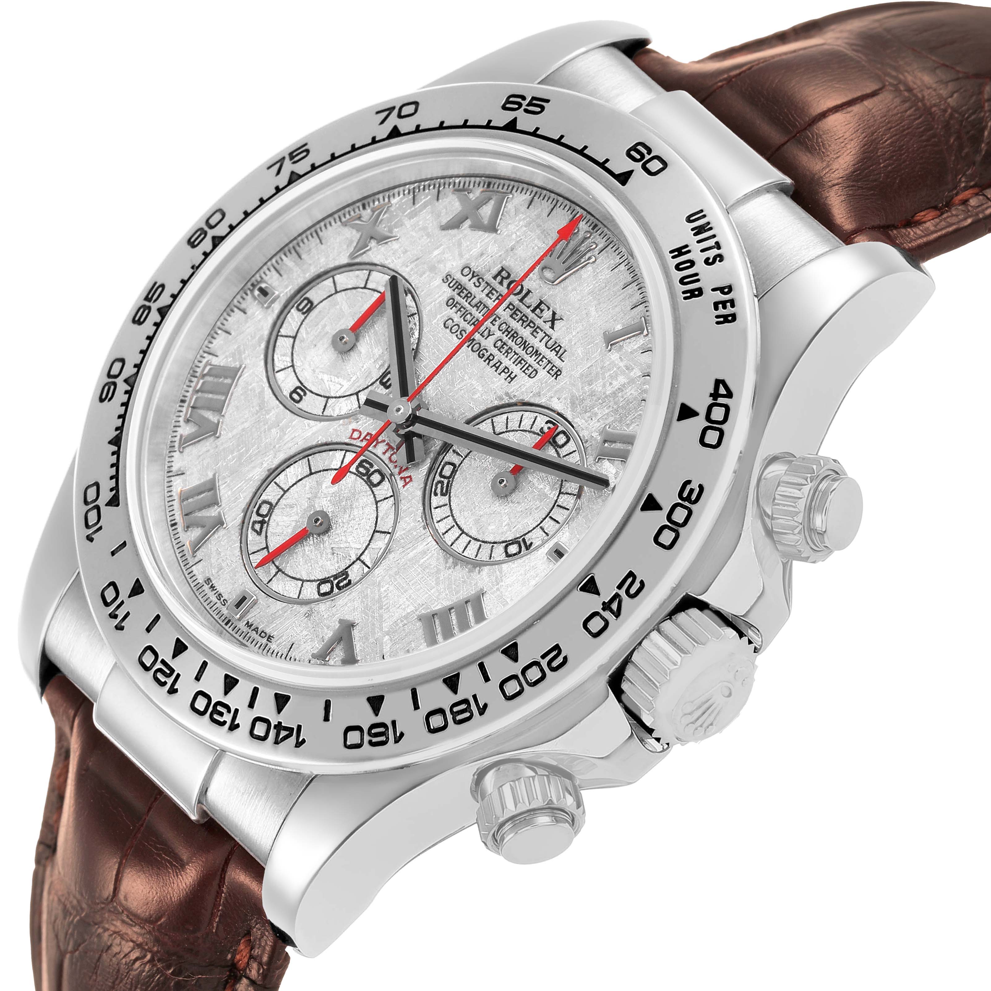 The Rolex Daytona 116519 Men's White Gold Silver Dial watch is shown at a slight angle, highlighting the dial, bezel, crown, and chronograph pushers.