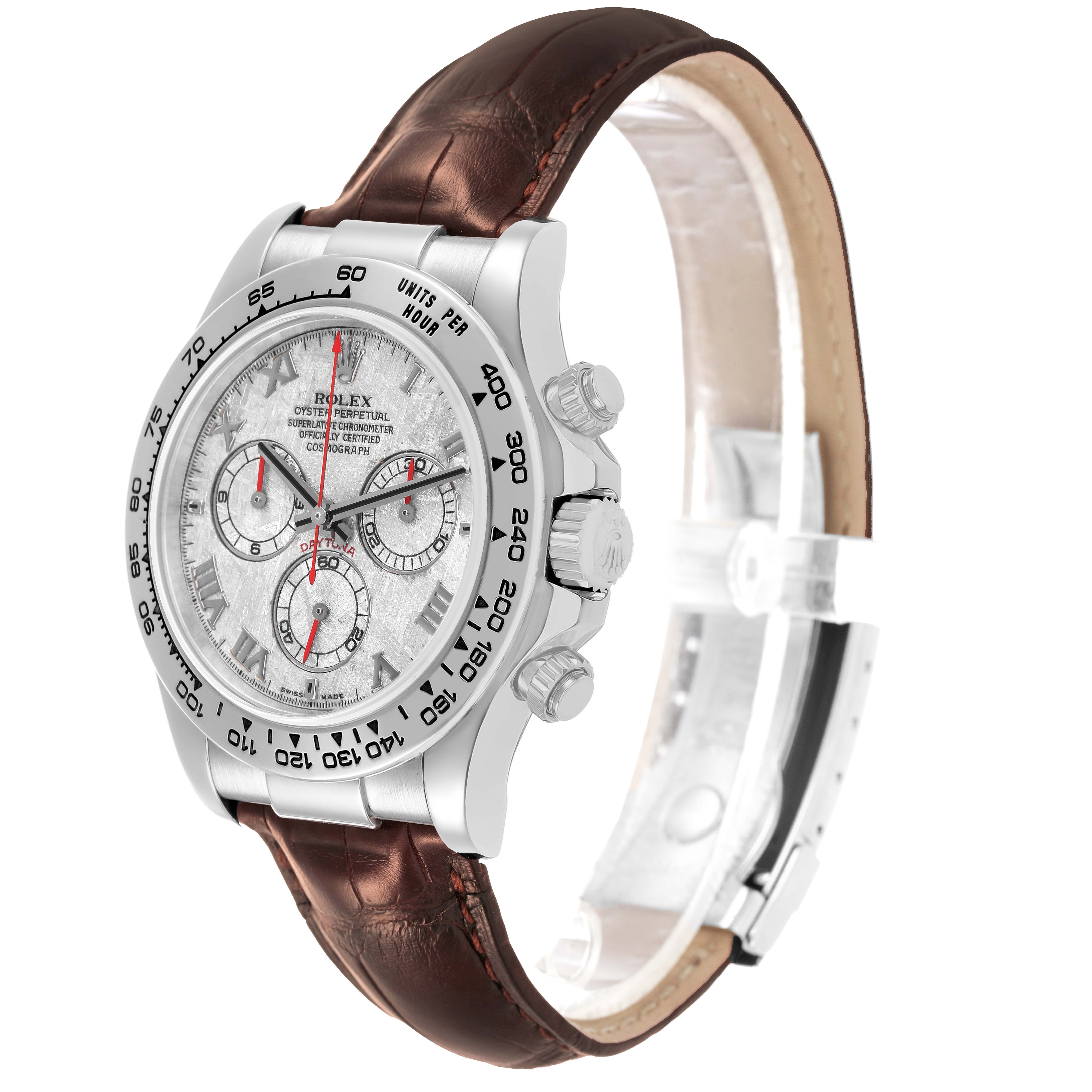 The Rolex Daytona 116519 Men's White Gold Silver Dial watch is shown at a three-quarter angle, featuring the dial, bezel, and brown leather strap.