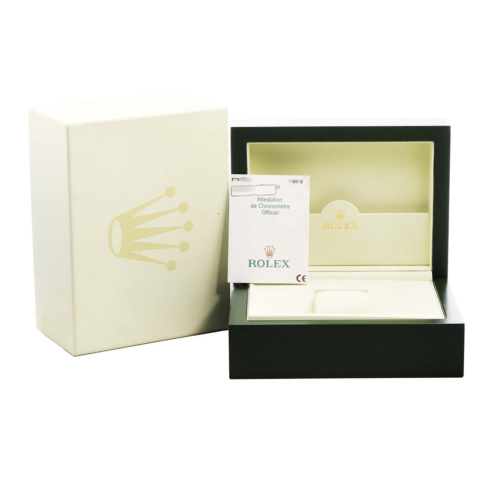 The image shows an open Rolex Daytona 116519 Men's White Gold Silver Dial watch box at a slight angle, alongside its certificate.