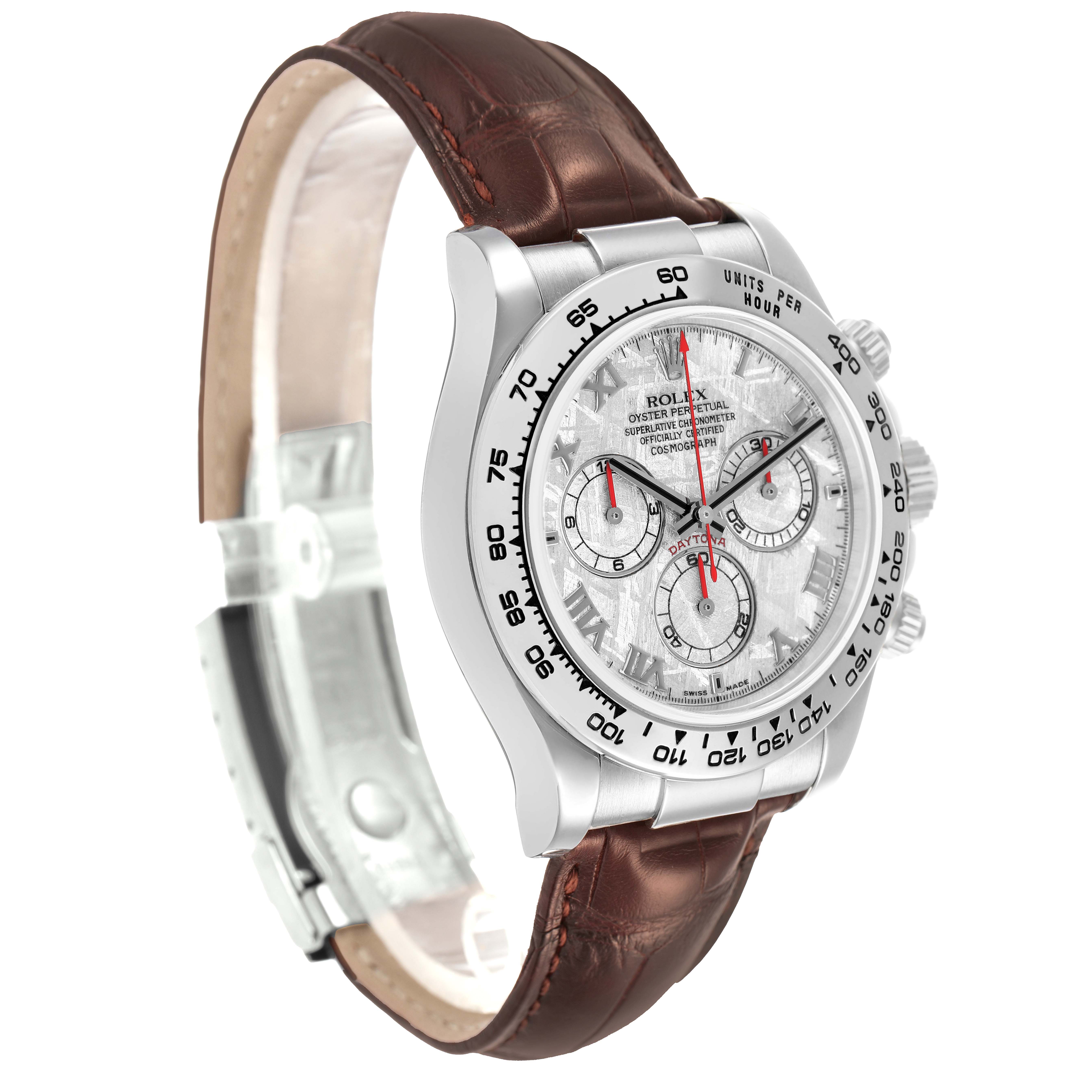 The Rolex Daytona 116519 Men's White Gold Silver Dial watch is shown at a three-quarter angle, highlighting the dial, bezel, leather strap, and side pushers.