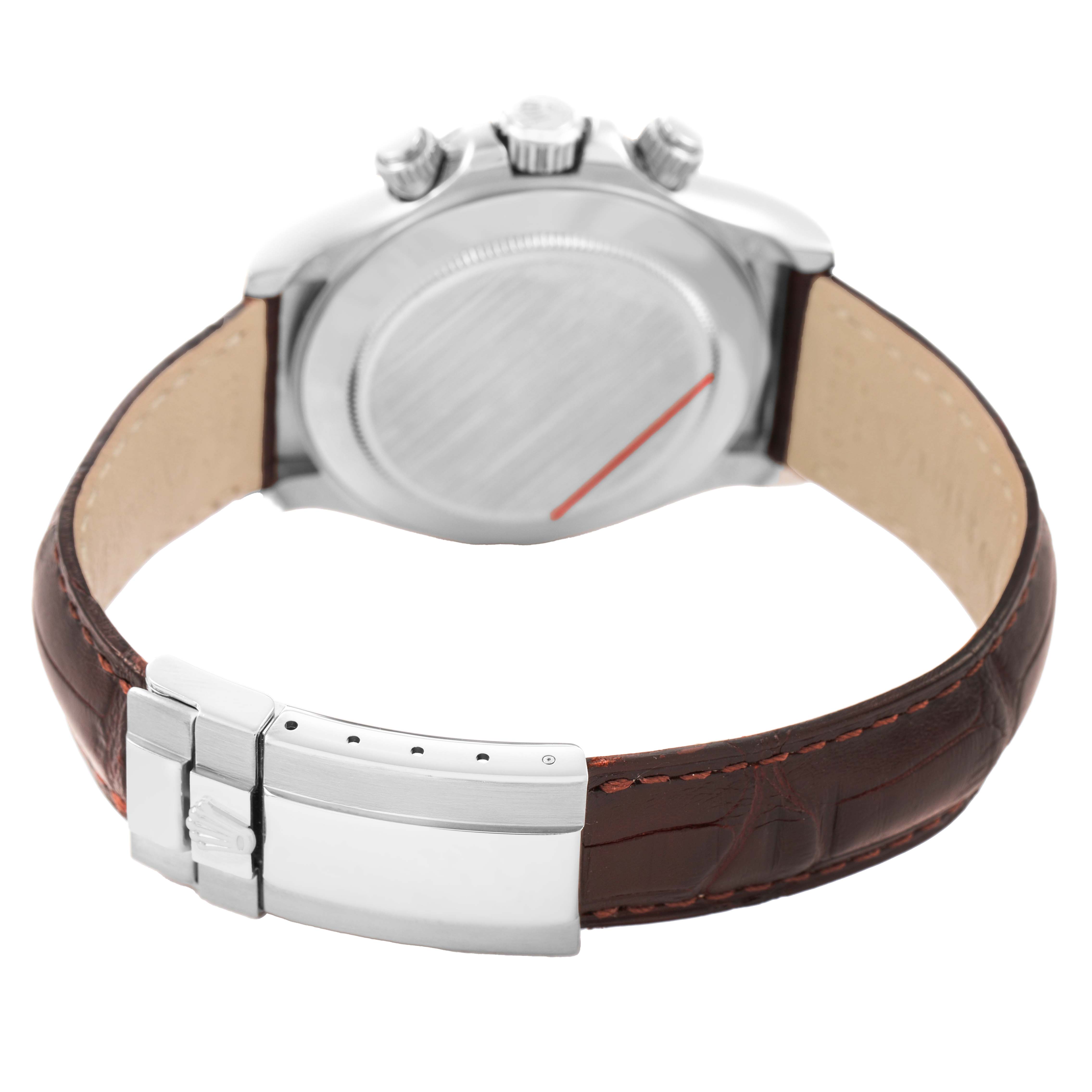 The image shows the back and side profile of a Rolex Daytona 116519 Men's White Gold Silver Dial, highlighting the clasp and leather strap.