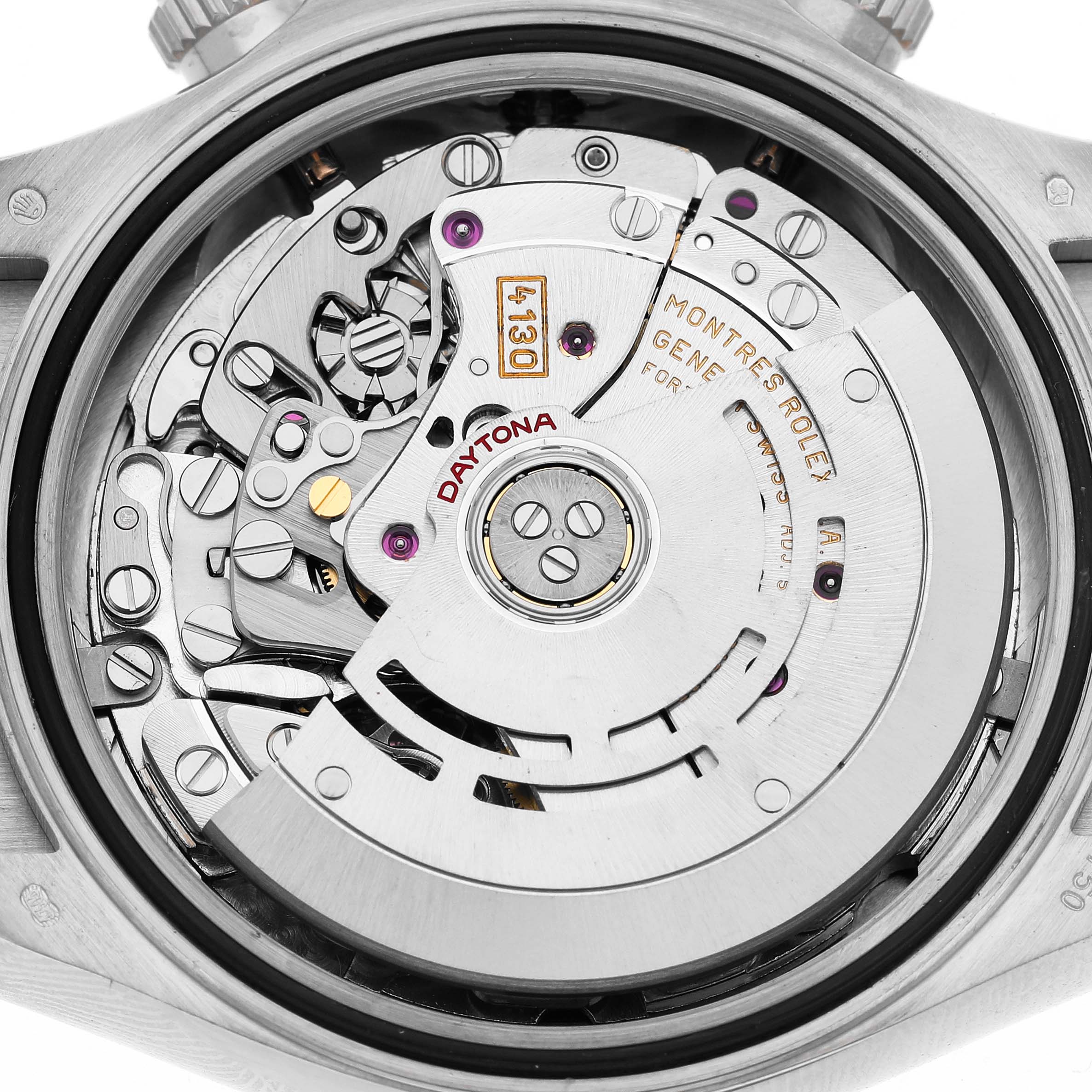 The image shows the movement of a Rolex Daytona 116519 Men's White Gold Silver Dial watch, viewed from the case back.