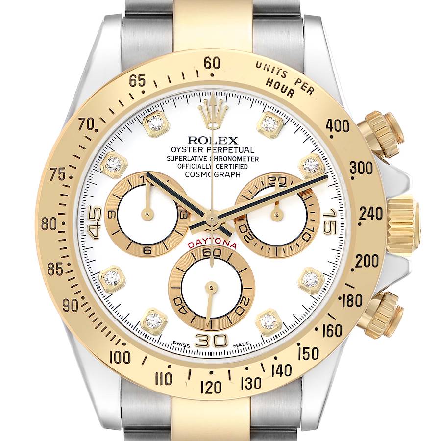 The Rolex Daytona 116523 Men's Steel and Gold (two tone) White Dial watch is shown from a front angle, displaying the dial, bezel, and part of the bracelet.