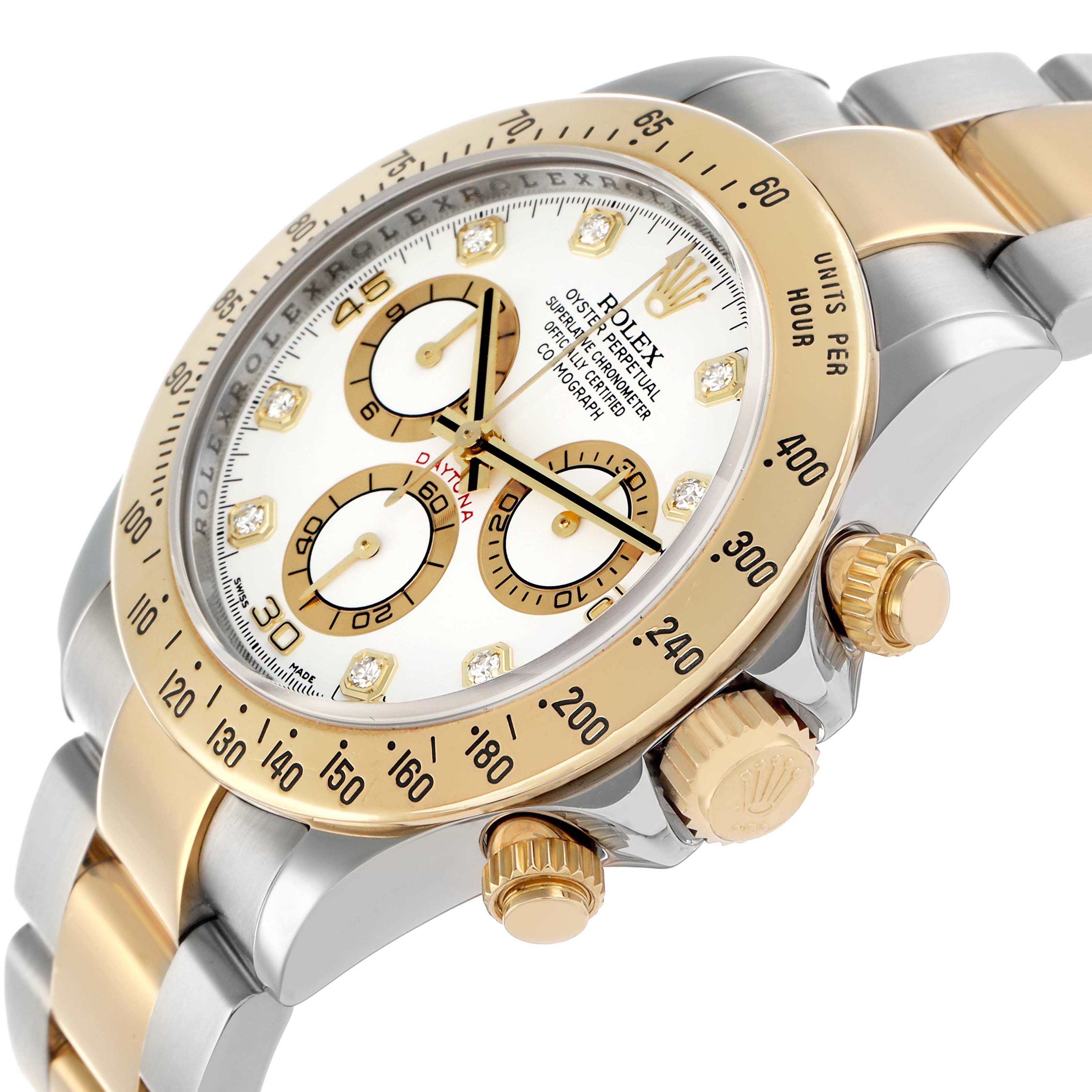 The Rolex Daytona 116523 Men's Steel and Gold (two tone) White Dial watch is shown at an angled view, highlighting its dial, bezel, crown, and two-tone bracelet.