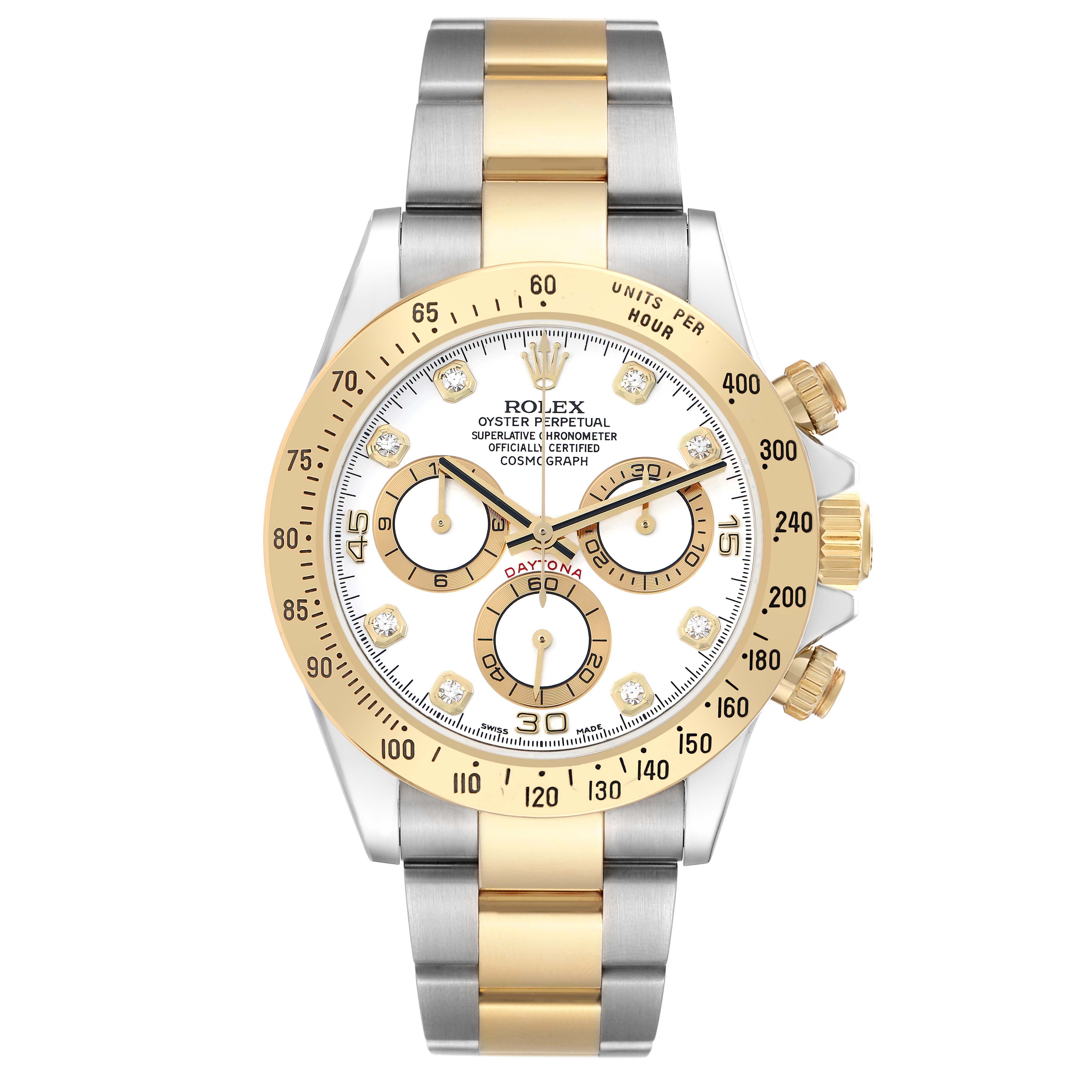 The Rolex Daytona 116523 Men's Steel and Gold (two tone) White Dial watch is shown from the front, highlighting its dial, bezel, and two-tone bracelet.