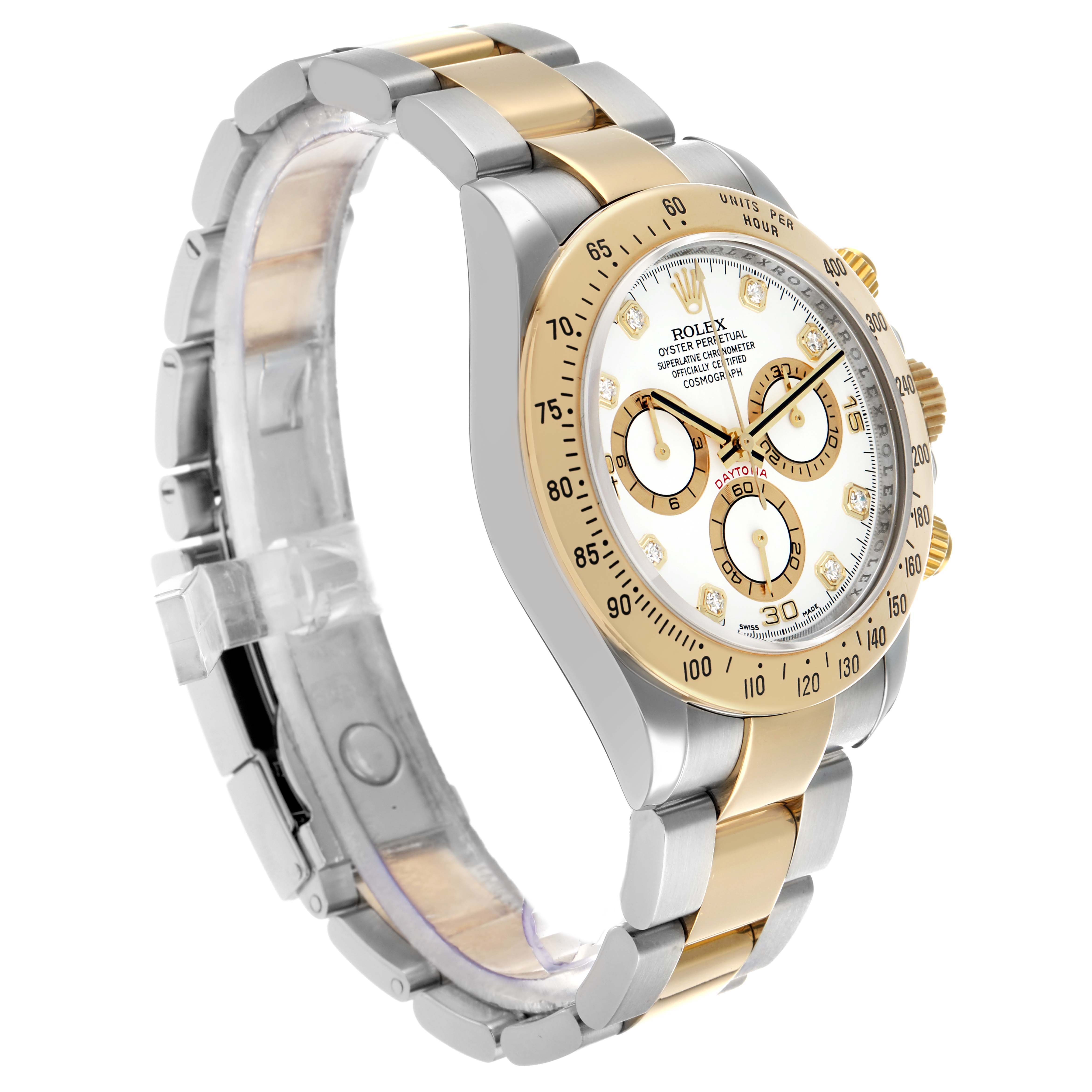 The Rolex Daytona 116523 Men's Steel and Gold (two tone) White Dial watch is shown at a three-quarter angle, highlighting the face, bezel, and bracelet.