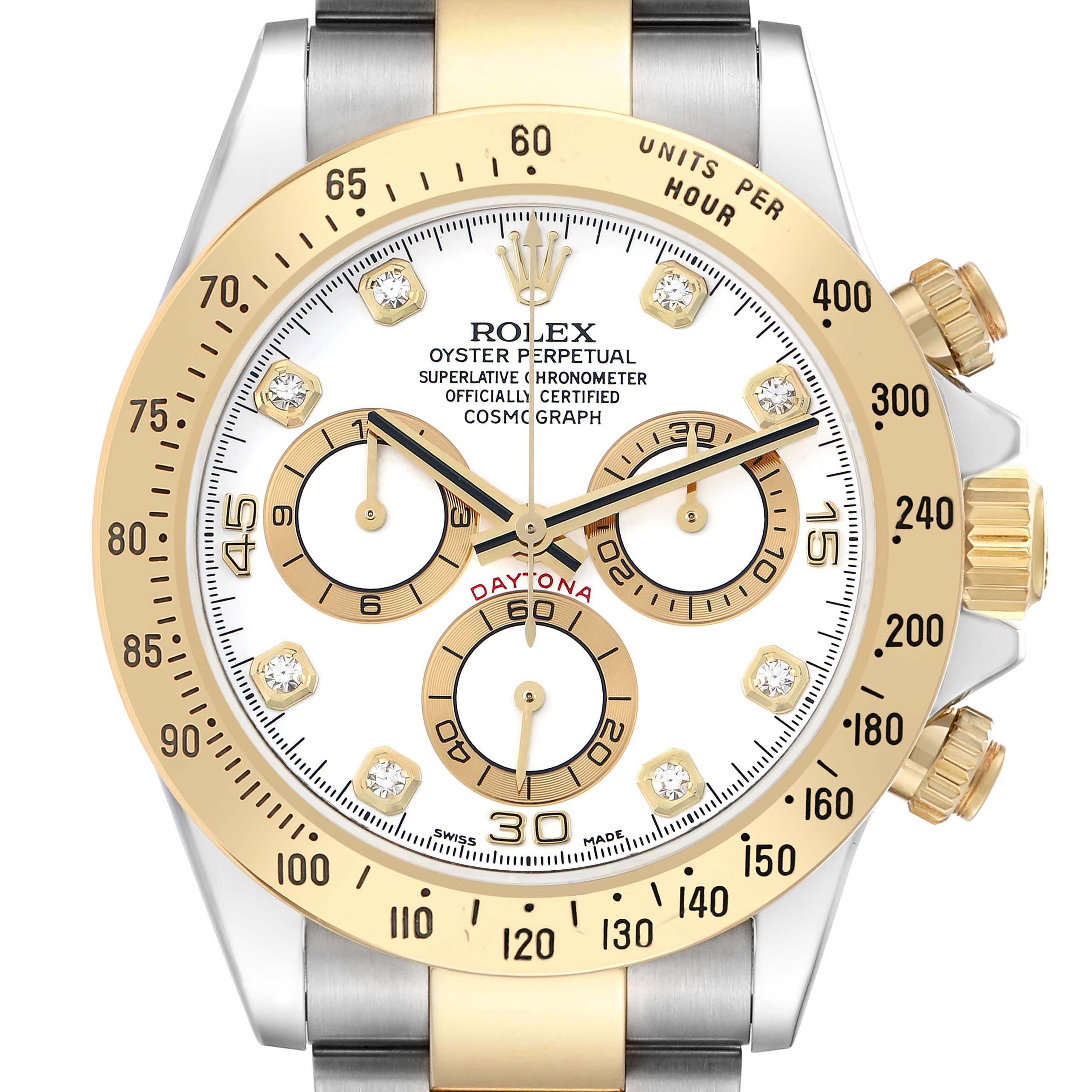 The Rolex Daytona 116523 Men's Steel and Gold (two tone) White Dial watch is shown from the front, highlighting the face, bezel, dial, and subdials.