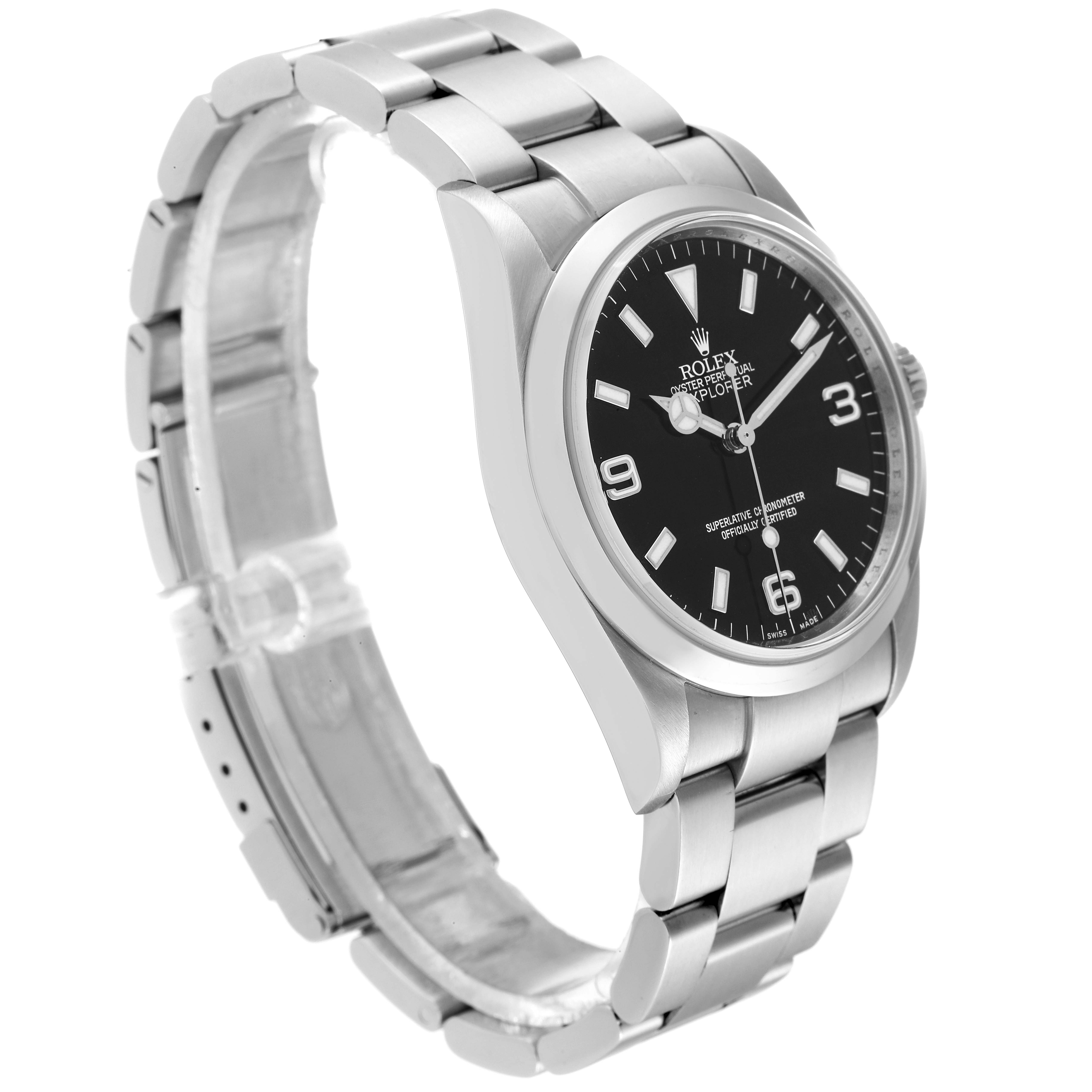 The image shows a Rolex Explorer 114270 Men's Stainless Steel Black Dial 114270 Men's Stainless Steel Black Dial watch at a slight side angle, highlighting its face, bezel, and bracelet.