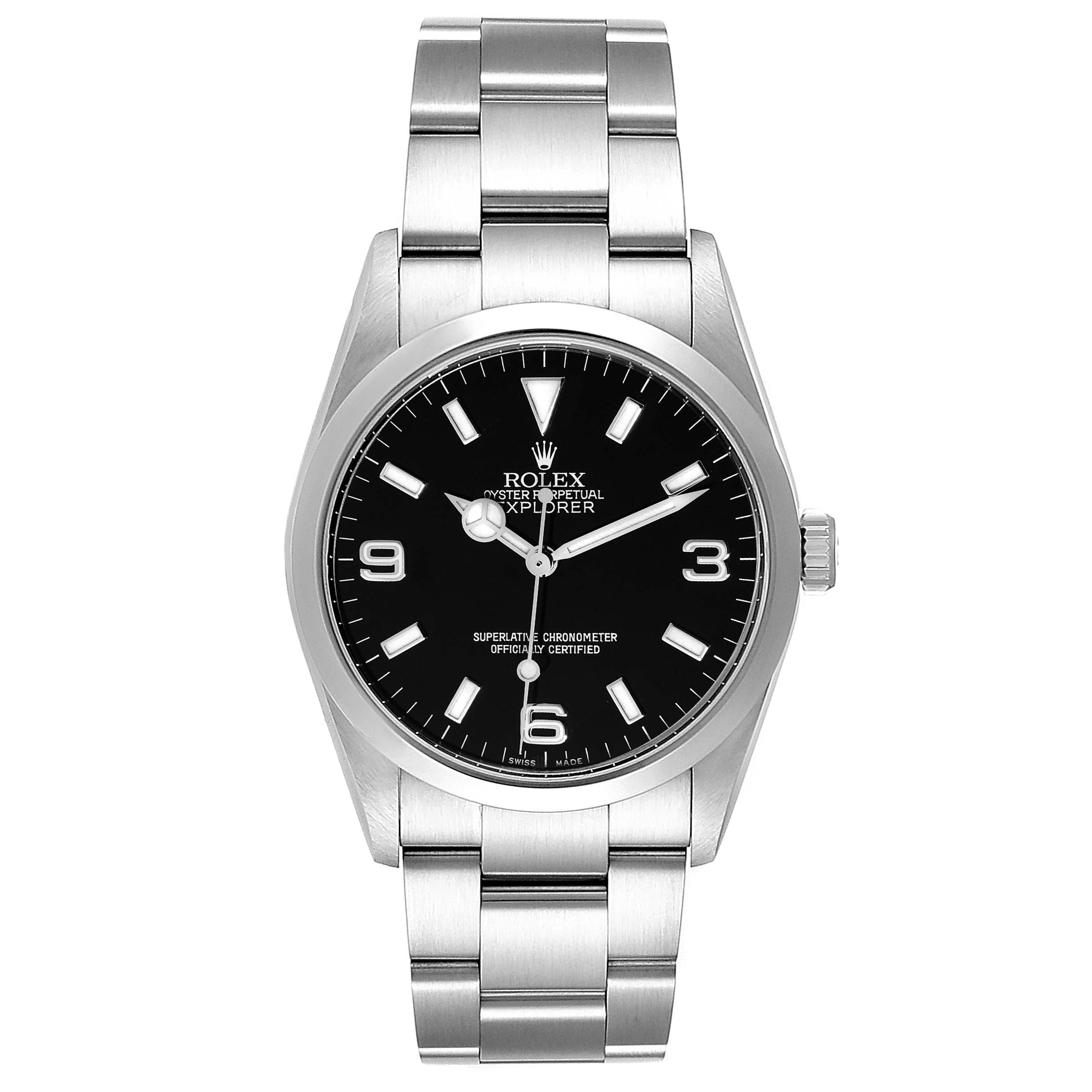 The image shows a front view of the Rolex Explorer 114270 Men's Stainless Steel Black Dial 114270 Men's Stainless Steel Black Dial watch, displaying its black dial, silver bracelet, and the case.