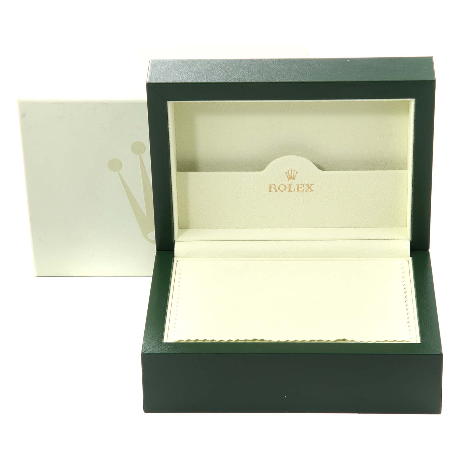 This image shows an open watch box for the Rolex Explorer 114270 Men's Stainless Steel Black Dial 114270 Men's Stainless Steel Black Dial model, prominently displaying the interior with the Rolex logo.