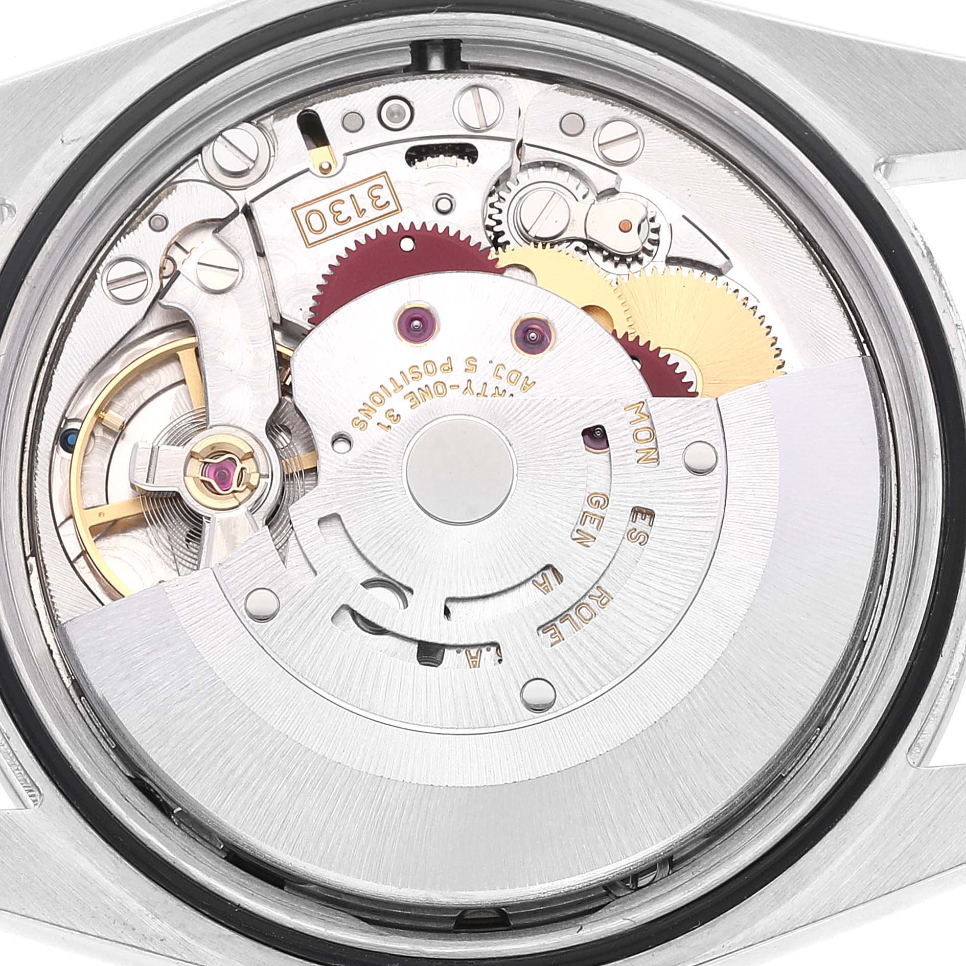 The image shows a close-up view of the inner mechanical movement of a Rolex Explorer 114270 Men's Stainless Steel Black Dial 114270 Men's Stainless Steel Black Dial watch.