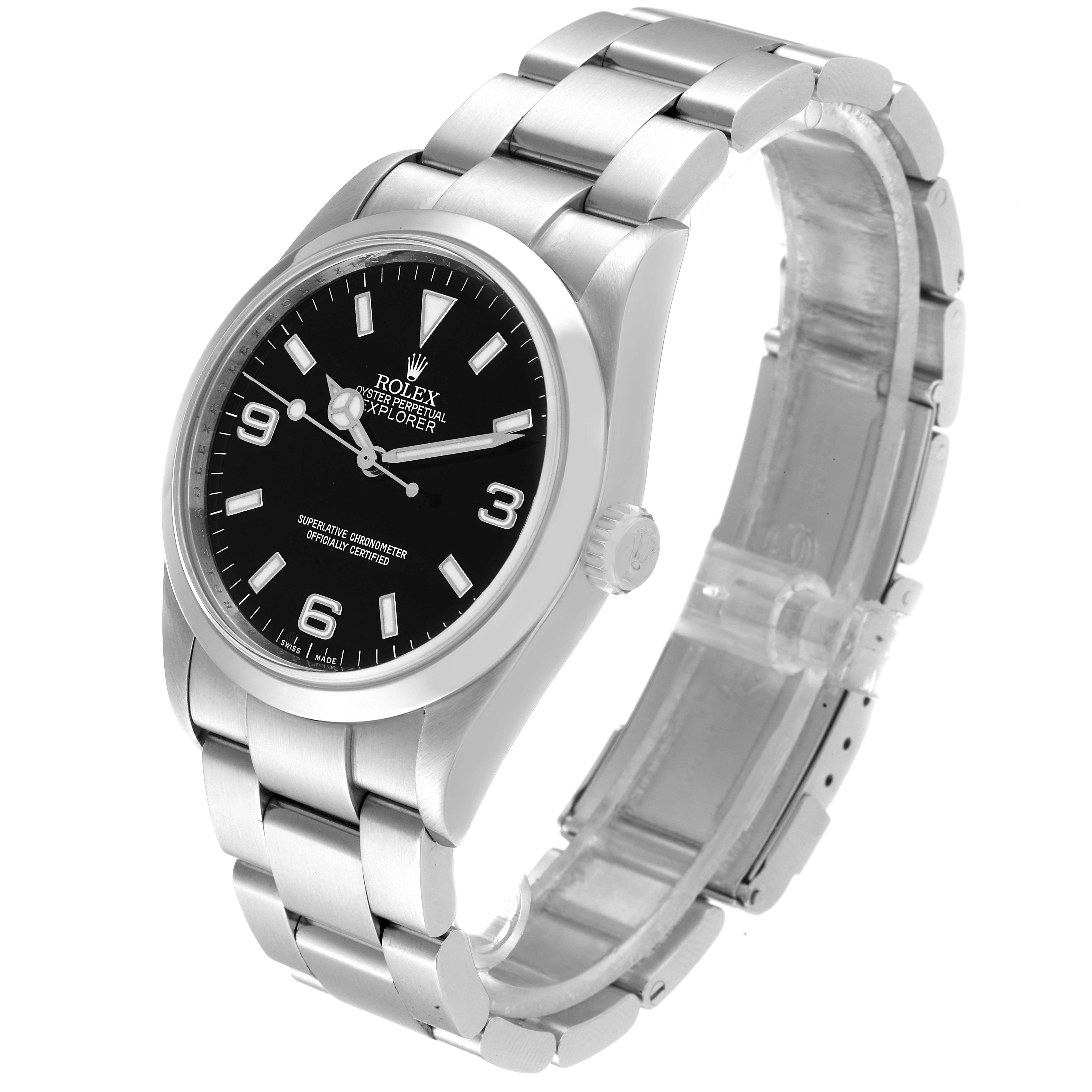 The Rolex Explorer 114270 Men's Stainless Steel Black Dial 114270 Men's Stainless Steel Black Dial watch is shown at an angle displaying the face, bracelet, and clasp partially open.