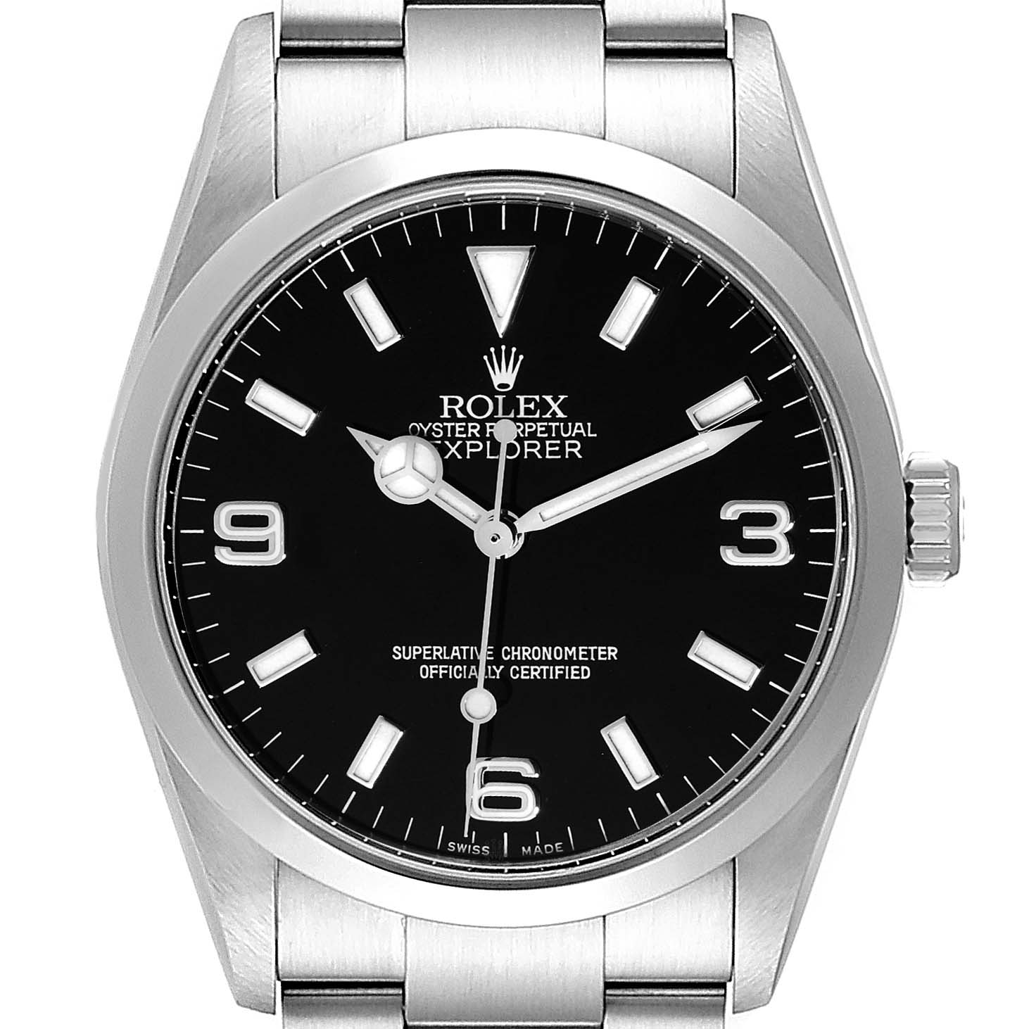 The image shows a front-facing view of the Rolex Explorer 114270 Men's Stainless Steel Black Dial 114270 Men's Stainless Steel Black Dial watch, highlighting the dial, bezel, and part of the bracelet.