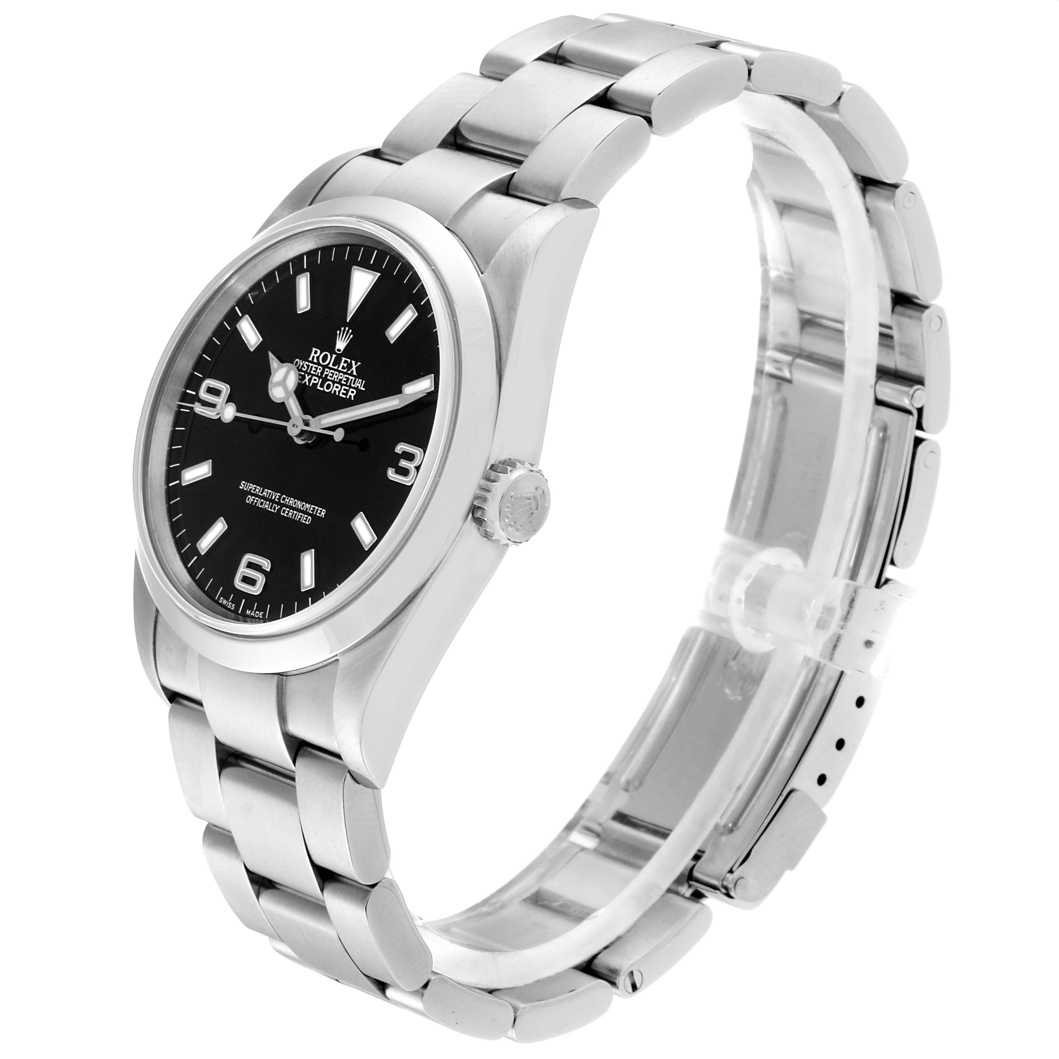 The Rolex Explorer 114270 Men
s Stainless Steel Black Dial 114270 Men
s Stainless Steel Black Dial watch is shown at an angle revealing the face, crown, and part of the bracelet.