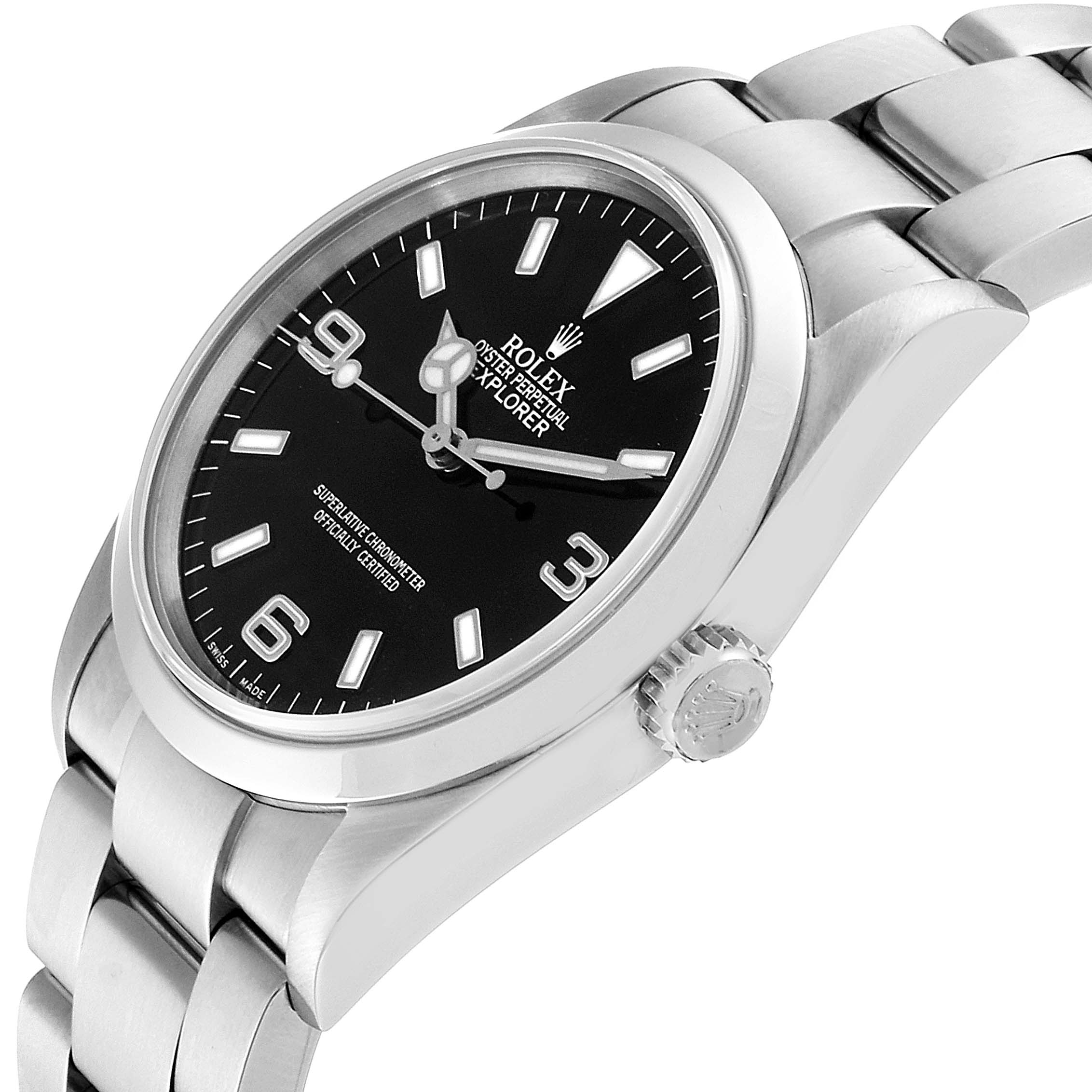 The Rolex Explorer 114270 Men
s Stainless Steel Black Dial 114270 Men
s Stainless Steel Black Dial watch is shown at an angled view, displaying the dial, crown, and part of the bracelet.