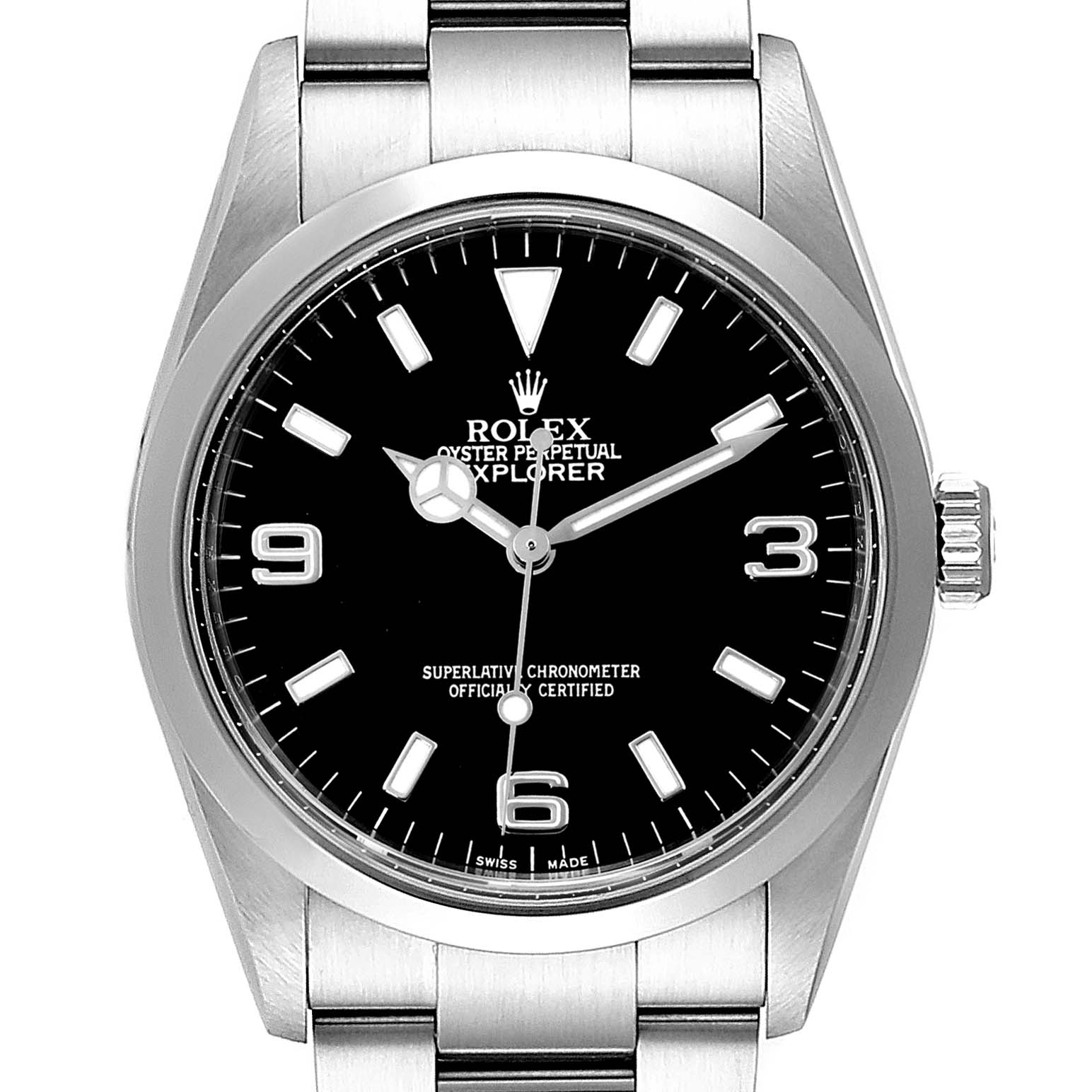 The image shows a front view of the Rolex Explorer 114270 Men
s Stainless Steel Black Dial 114270 Men
s Stainless Steel Black Dial watch, displaying the dial, hands, crown, and part of the bracelet.