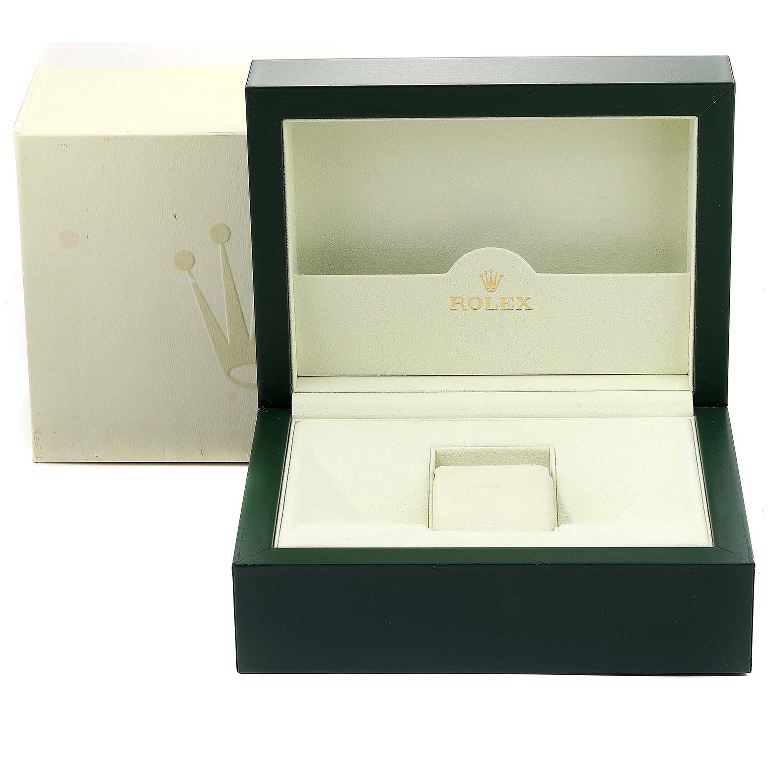 The image shows an open Rolex watch box for the Explorer model, displaying the empty space where the watch would be placed.