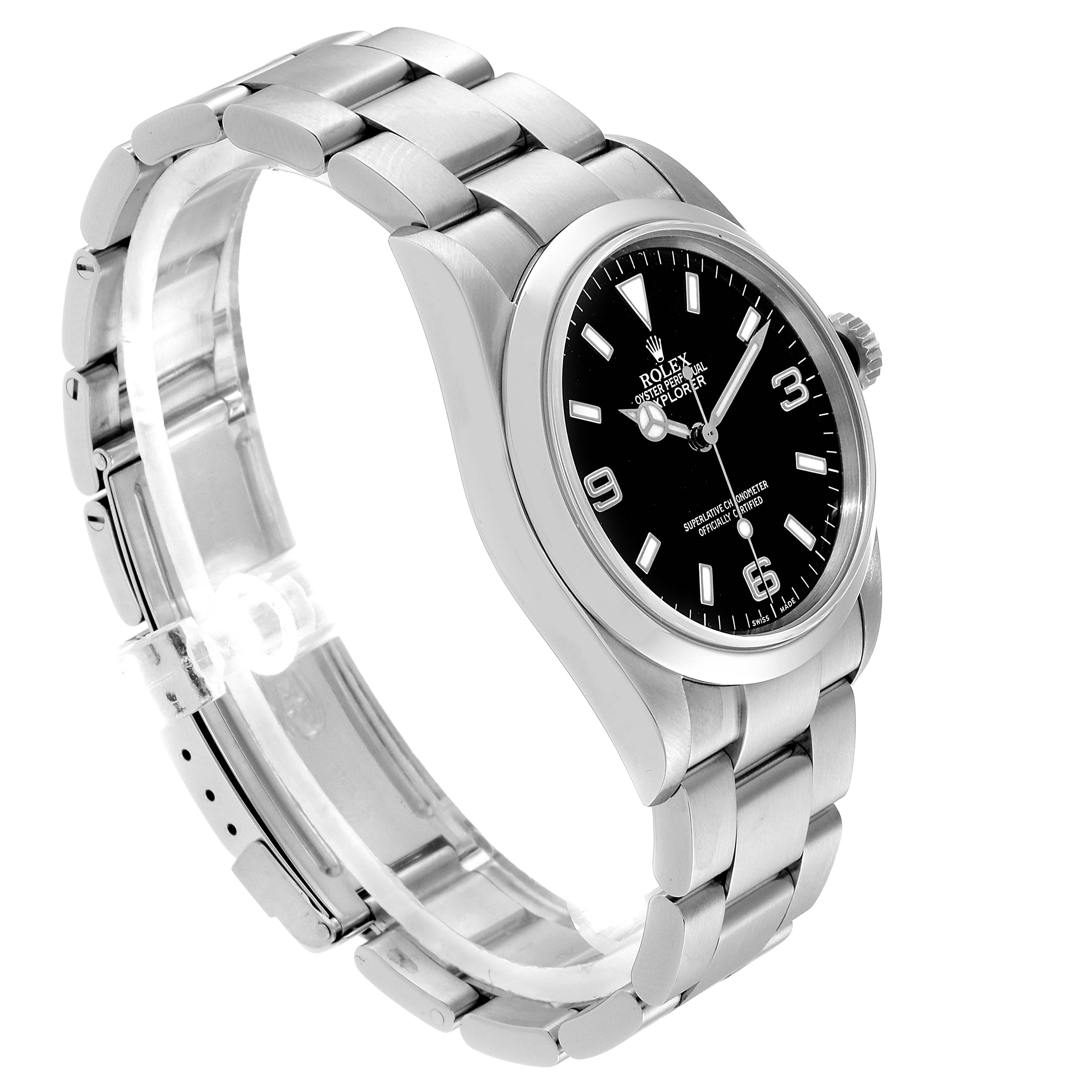 This image shows a side angle of the Rolex Explorer 114270 Men
s Stainless Steel Black Dial 114270 Men
s Stainless Steel Black Dial watch, highlighting the dial, bezel, and bracelet.