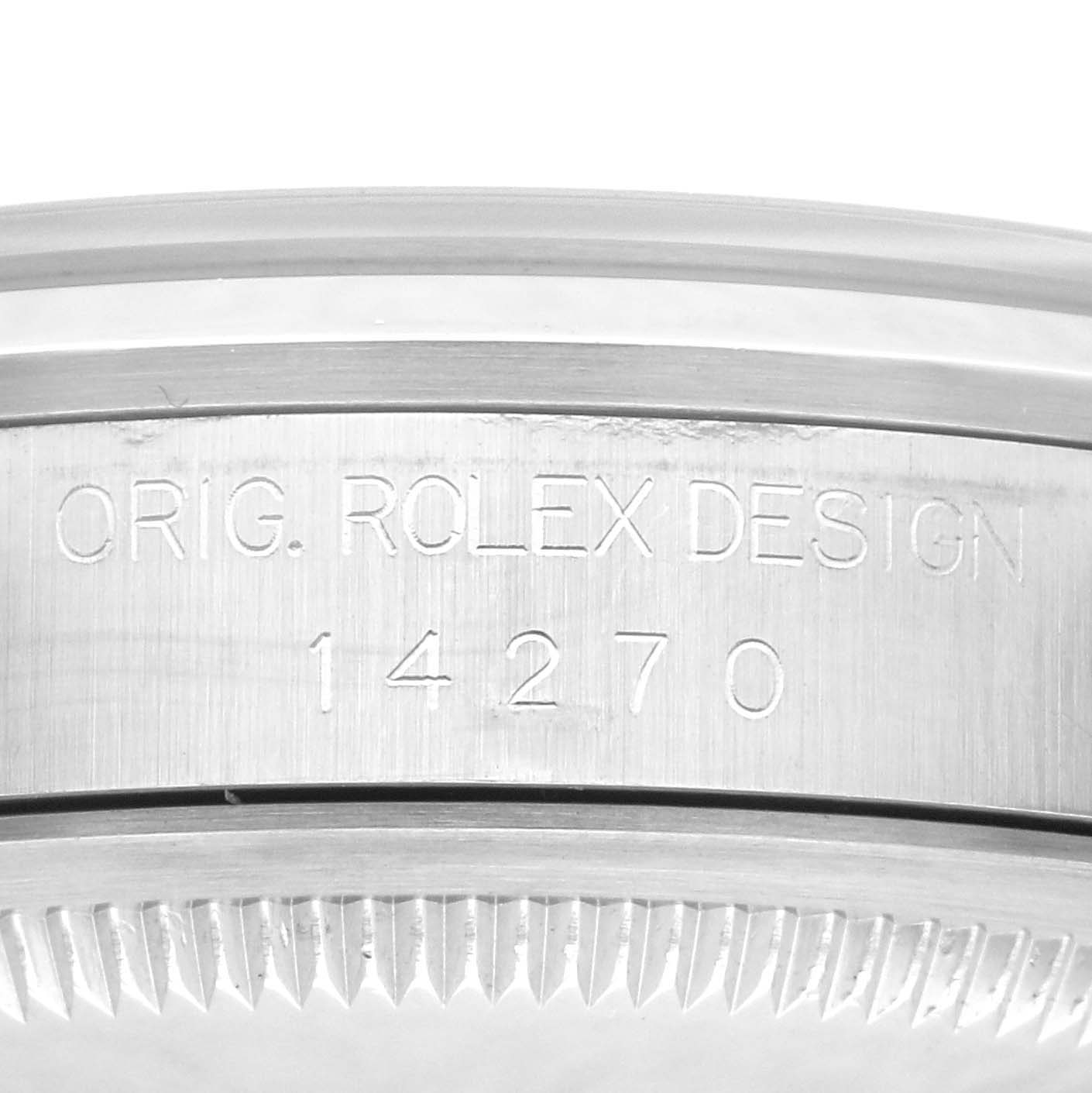 This image shows a close-up of the side case of a Rolex Explorer 14270 Men
s Stainless Steel Black Dial 14270 Men
s Stainless Steel Black Dial watch, model number 14270, with engraving visible.