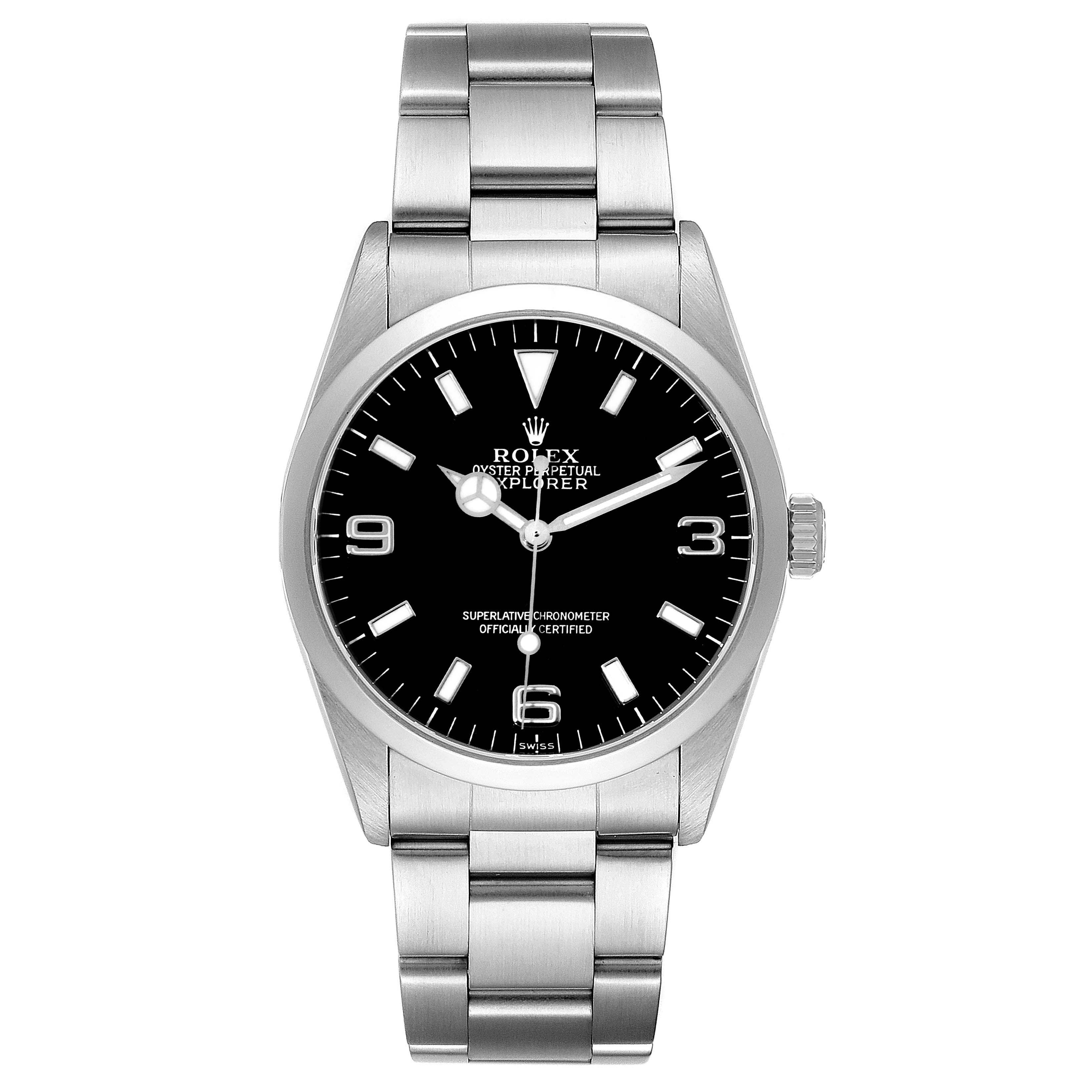 The image shows a front view of a Rolex Explorer 14270 Men
s Stainless Steel Black Dial 14270 Men
s Stainless Steel Black Dial watch, displaying its dial, hands, bracelet, and crown.