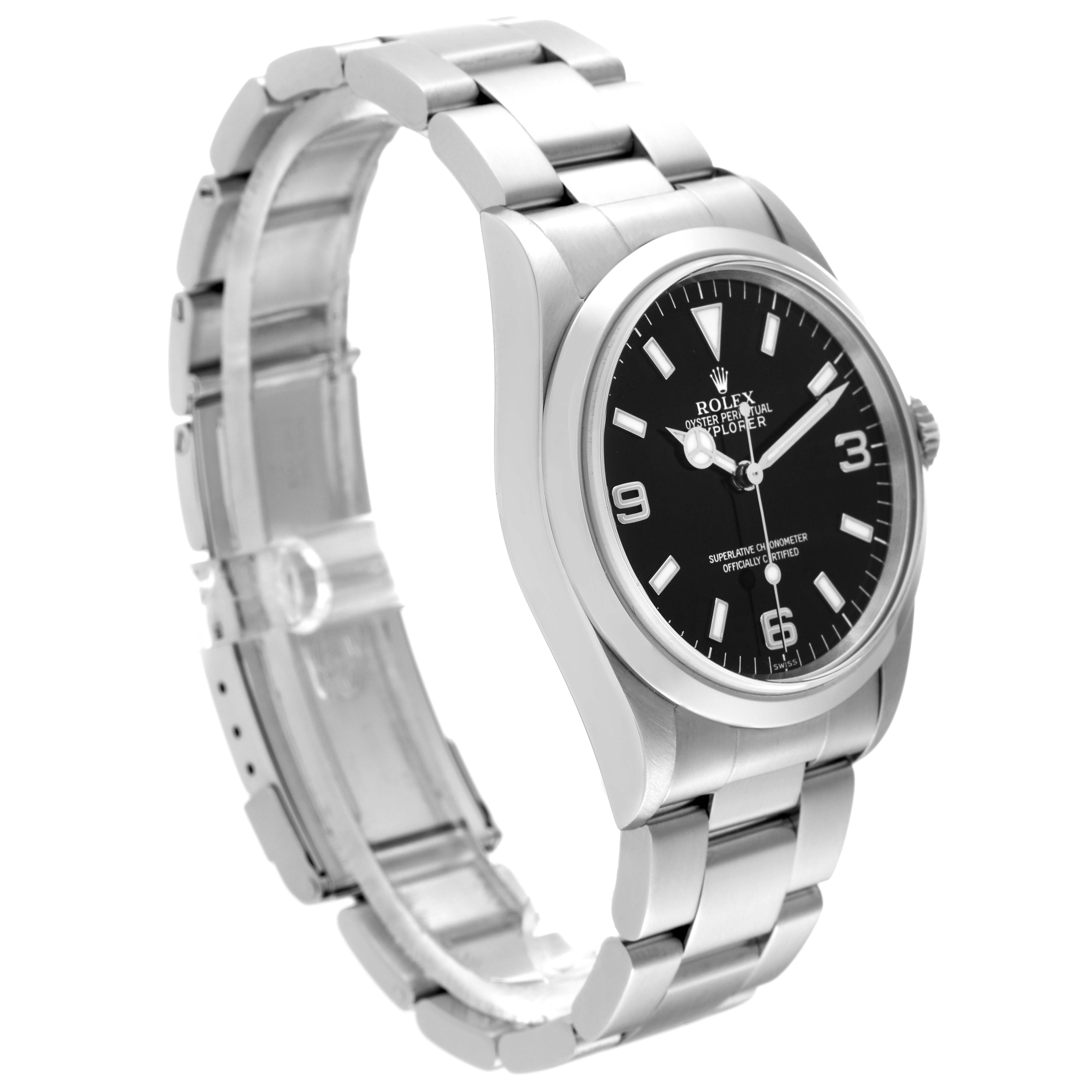 The image shows a side angle of the Rolex Explorer 14270 Men
s Stainless Steel Black Dial 14270 Men
s Stainless Steel Black Dial watch, highlighting its stainless steel case, bracelet, and black dial.