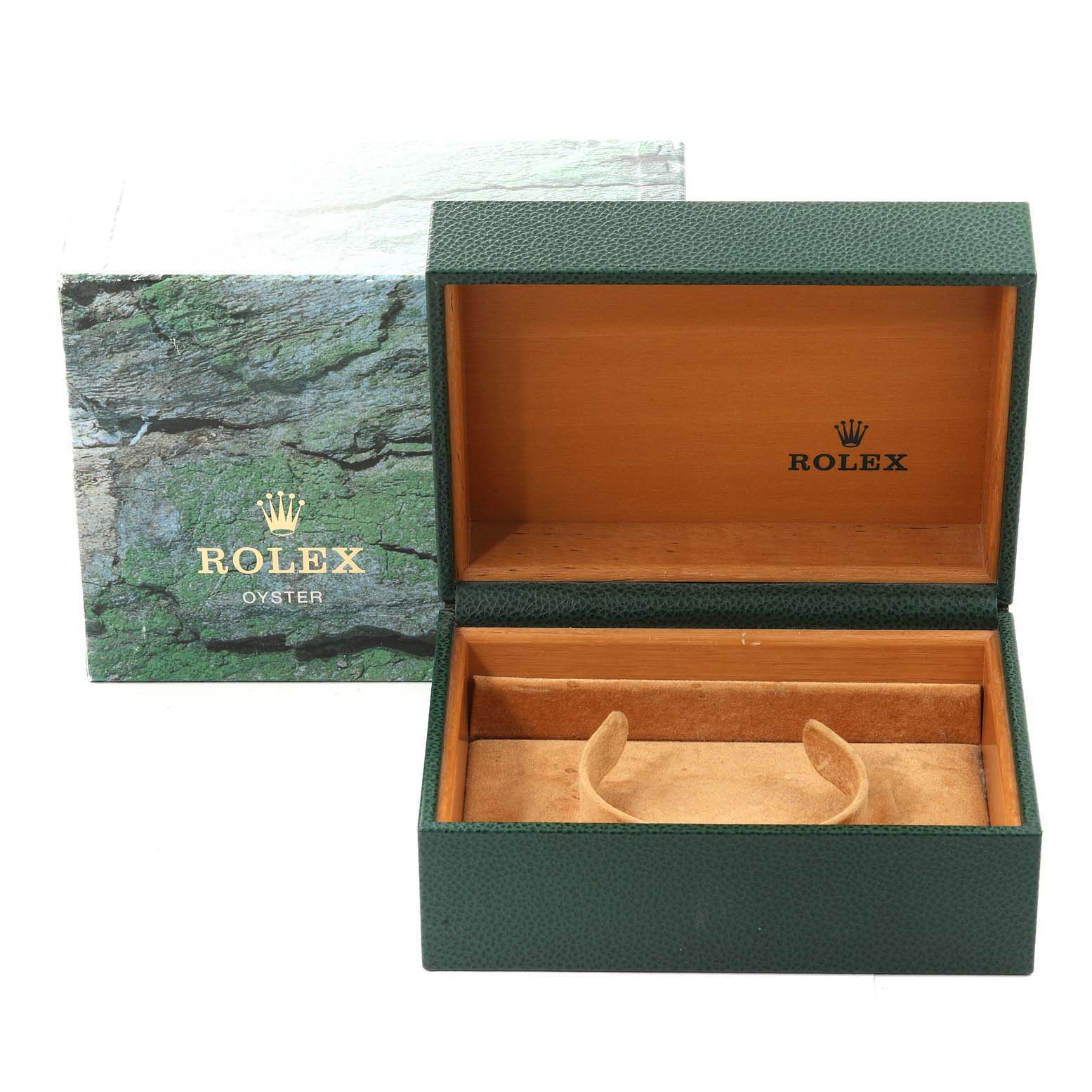The image shows an open Rolex Explorer 16570 Men's Stainless Steel White Dial 16570 Men's Stainless Steel White Dial watch box and its exterior packaging.