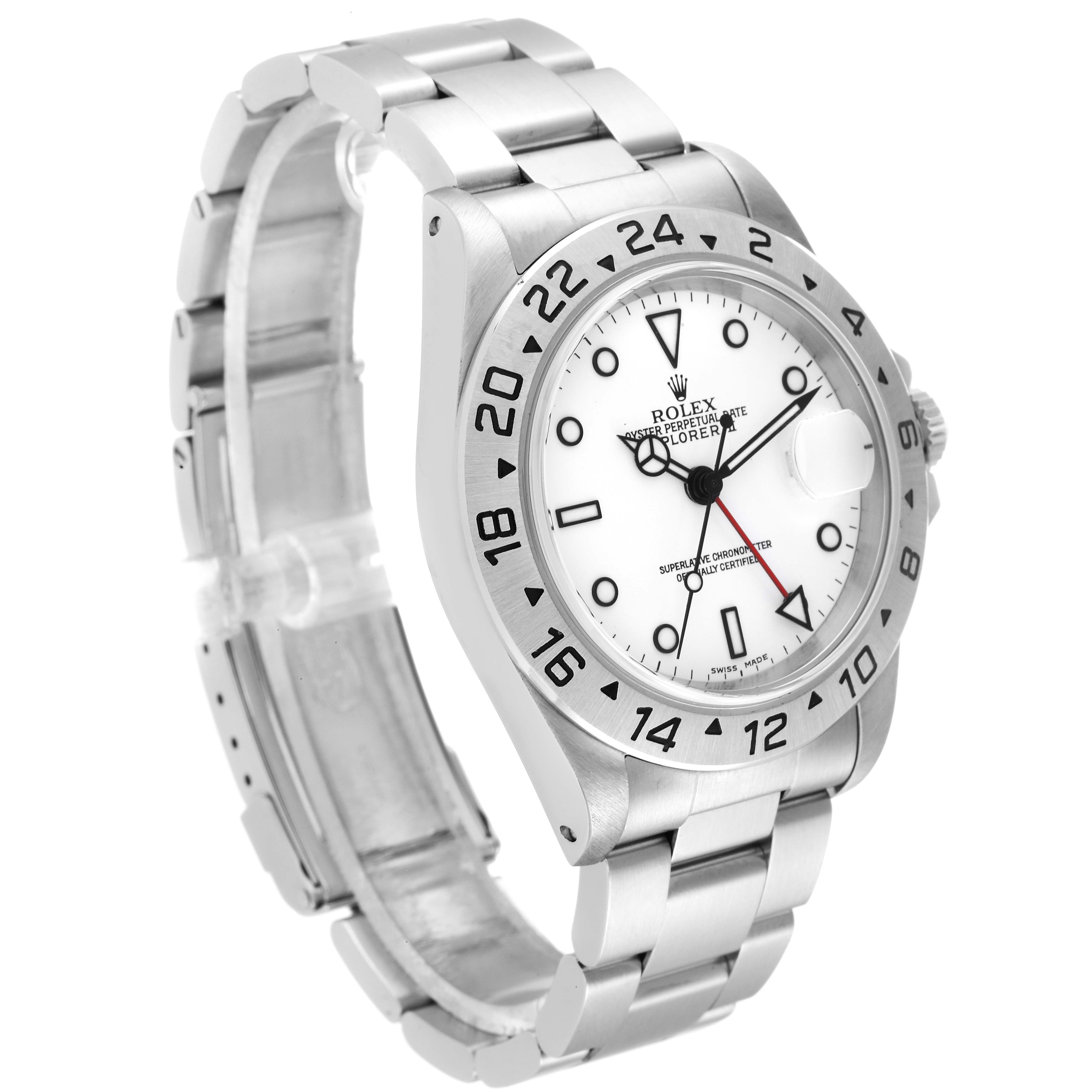 The image shows a Rolex Explorer 16570 Men's Stainless Steel White Dial 16570 Men's Stainless Steel White Dial watch from an angled side view, highlighting its white dial, bezel, bracelet, and crown.