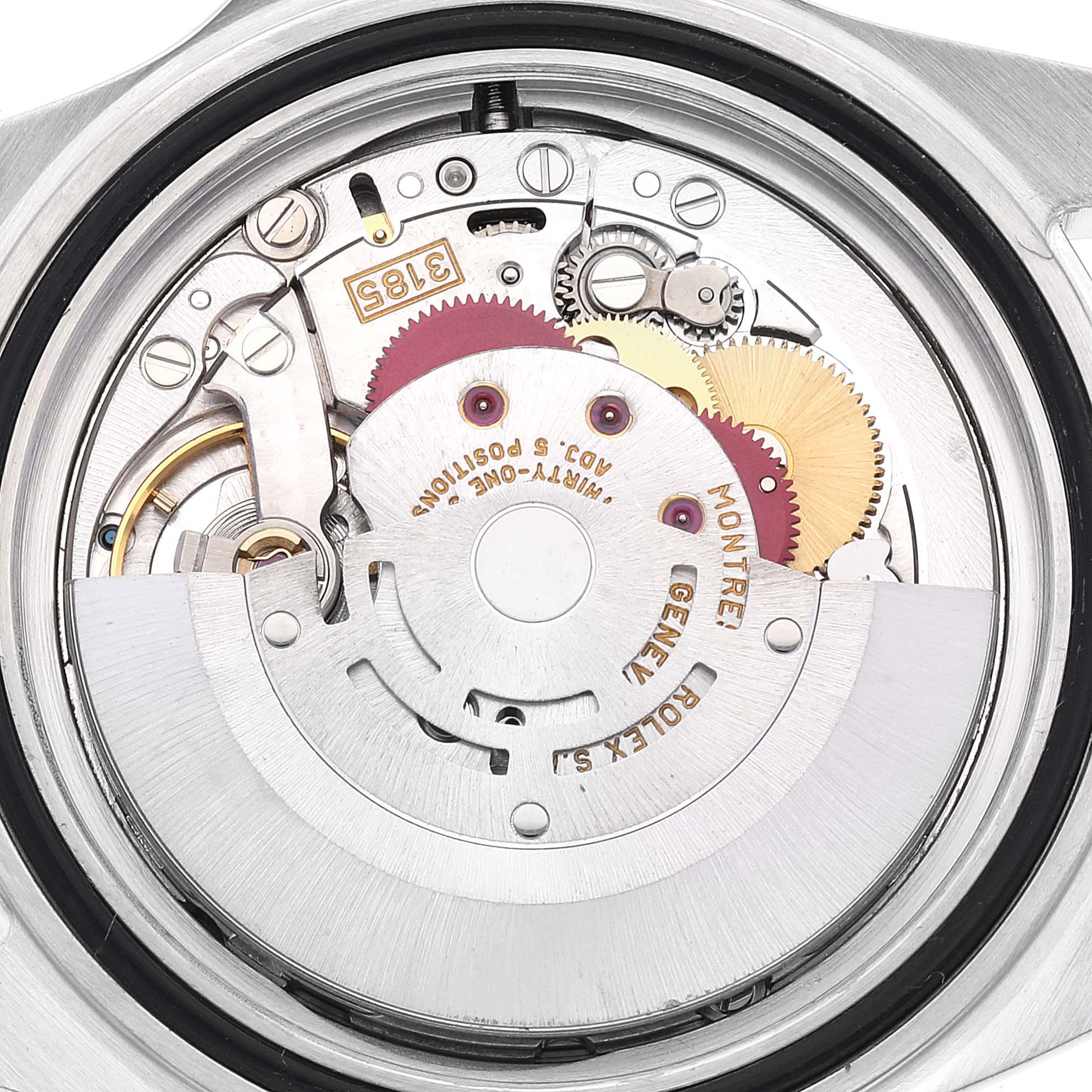The image shows a close-up view of the movement mechanism inside a Rolex Explorer 16570 Men's Stainless Steel White Dial 16570 Men's Stainless Steel White Dial watch.