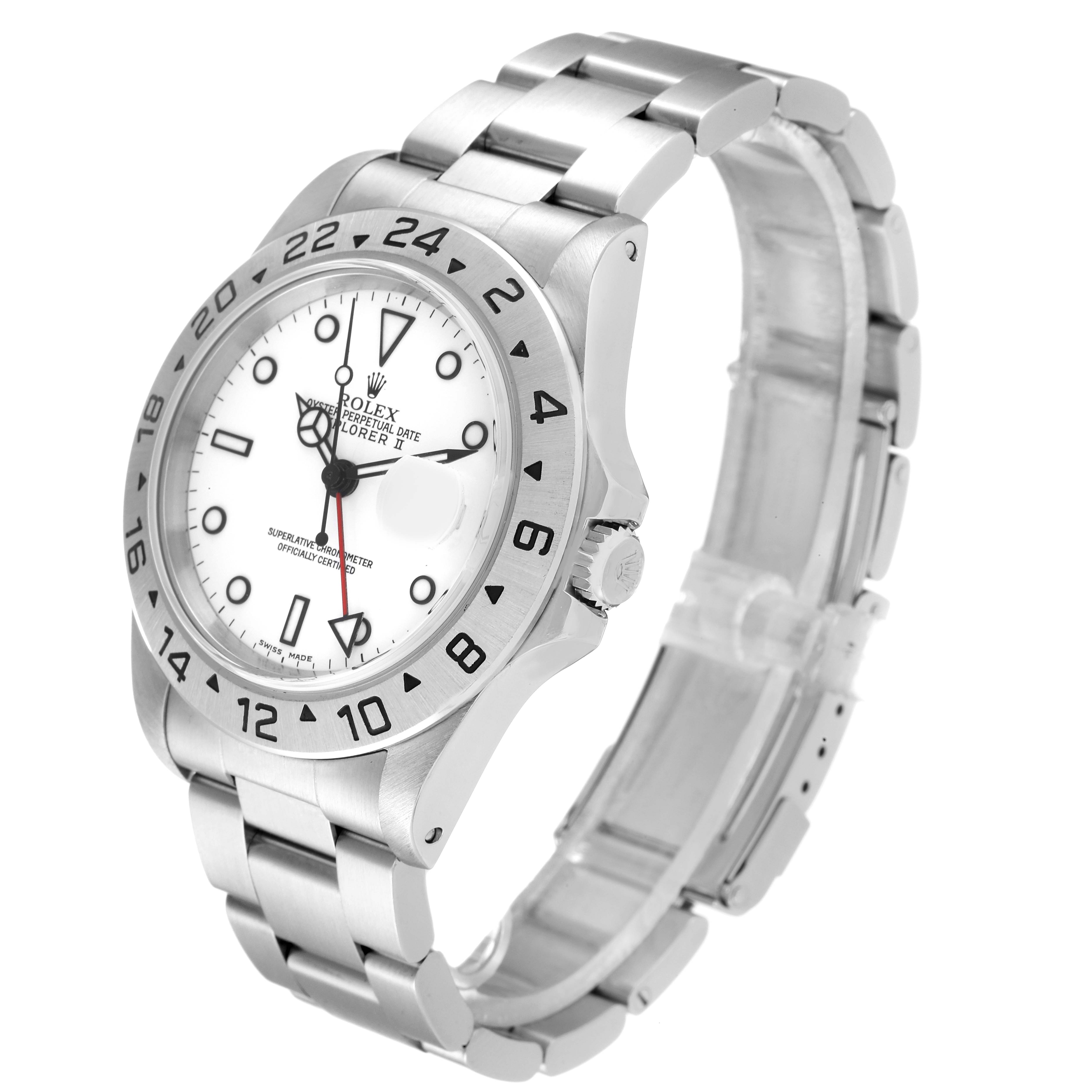 This image shows a side angle of the Rolex Explorer 16570 Men's Stainless Steel White Dial 16570 Men's Stainless Steel White Dial watch, displaying the bracelet, bezel, and dial.