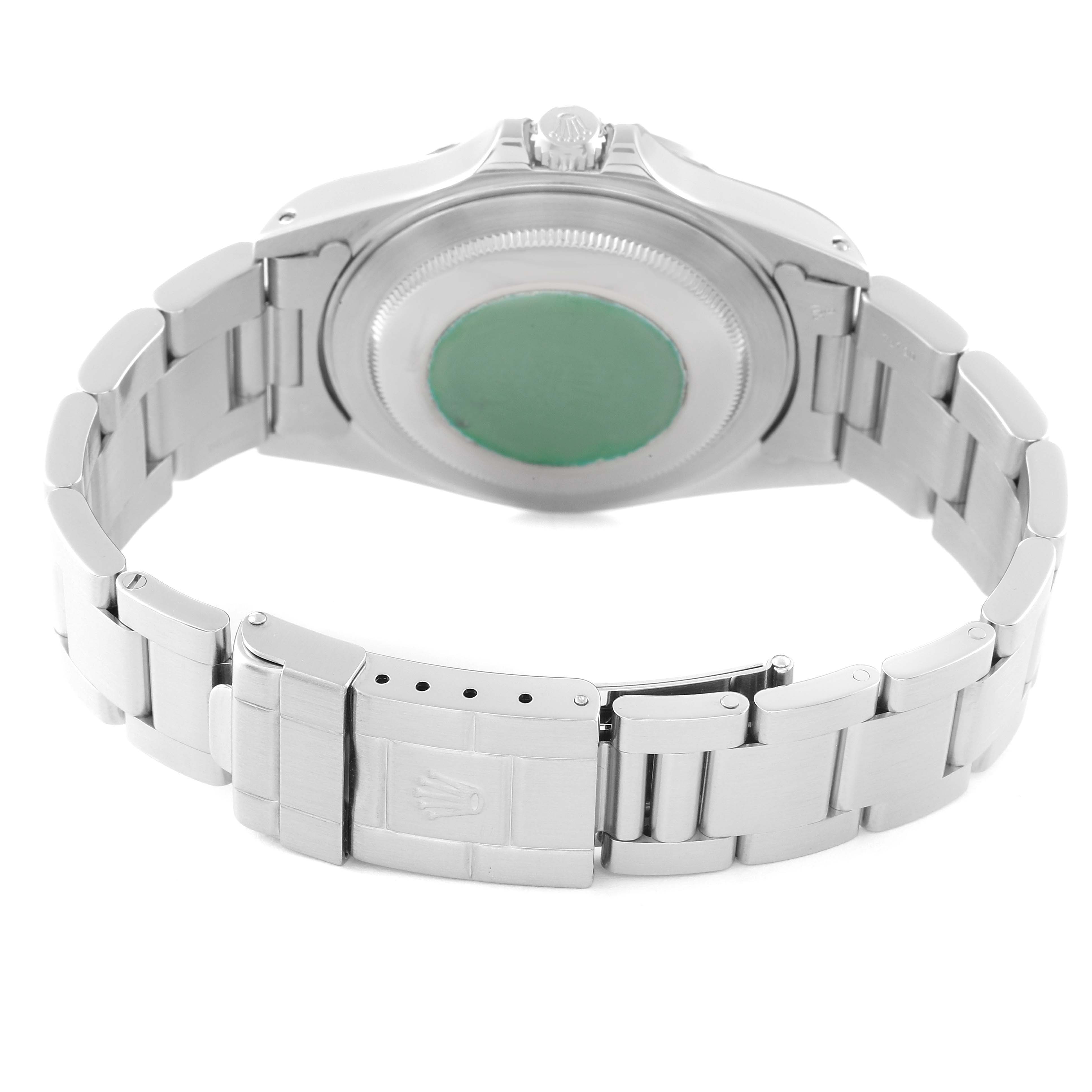 This image shows the back case and bracelet of a Rolex Explorer 16570 Men's Stainless Steel White Dial 16570 Men's Stainless Steel White Dial watch from a rear angle.