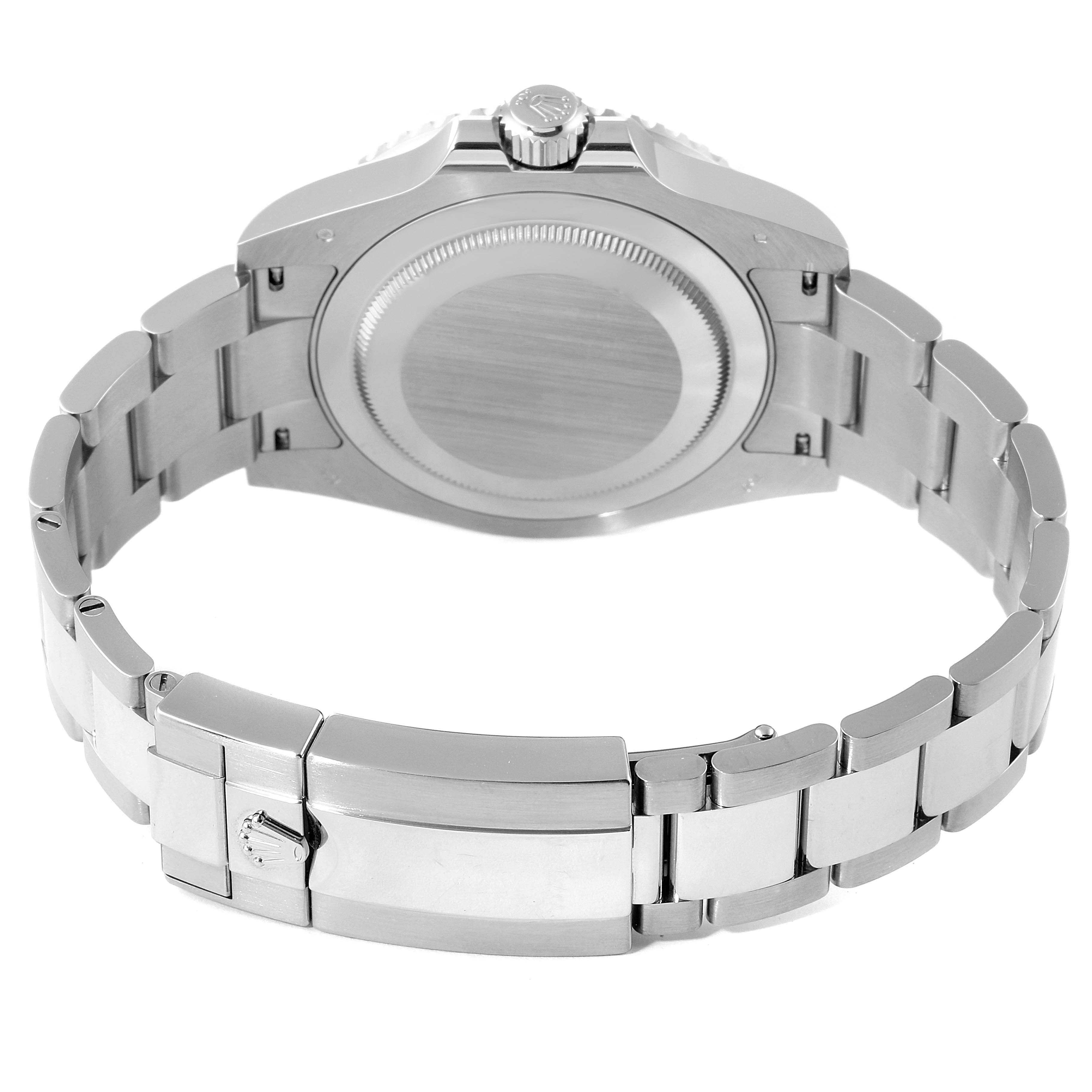 This image shows the back case, crown, and bracelet of a Rolex GMT-Master 126719 Men's White Gold Blue Dial 126719 Men's White Gold Blue Dial watch from a bottom angle.