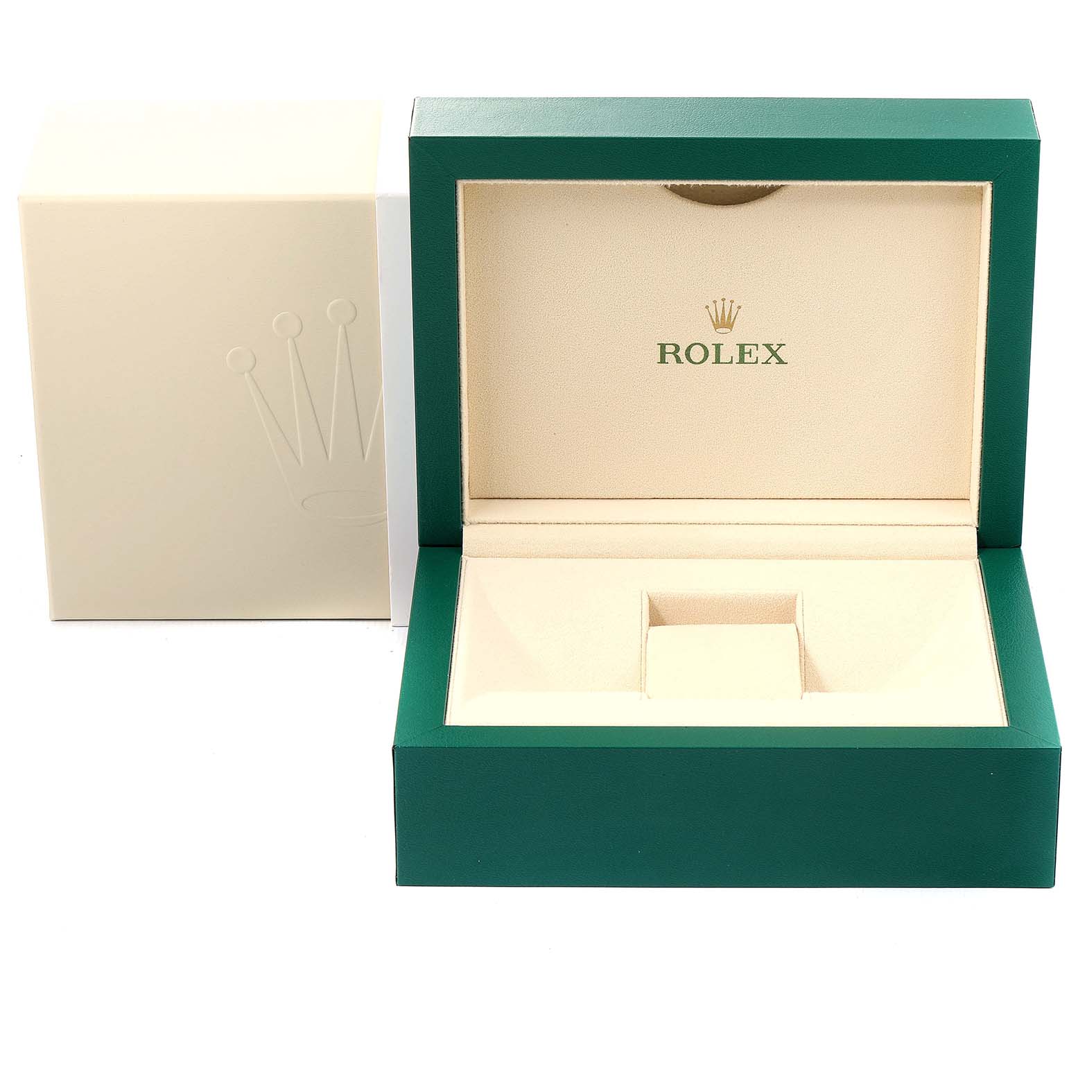 This image shows the open green and cream-colored box for a Rolex GMT-Master 126719 Men's White Gold Blue Dial 126719 Men's White Gold Blue Dial watch.