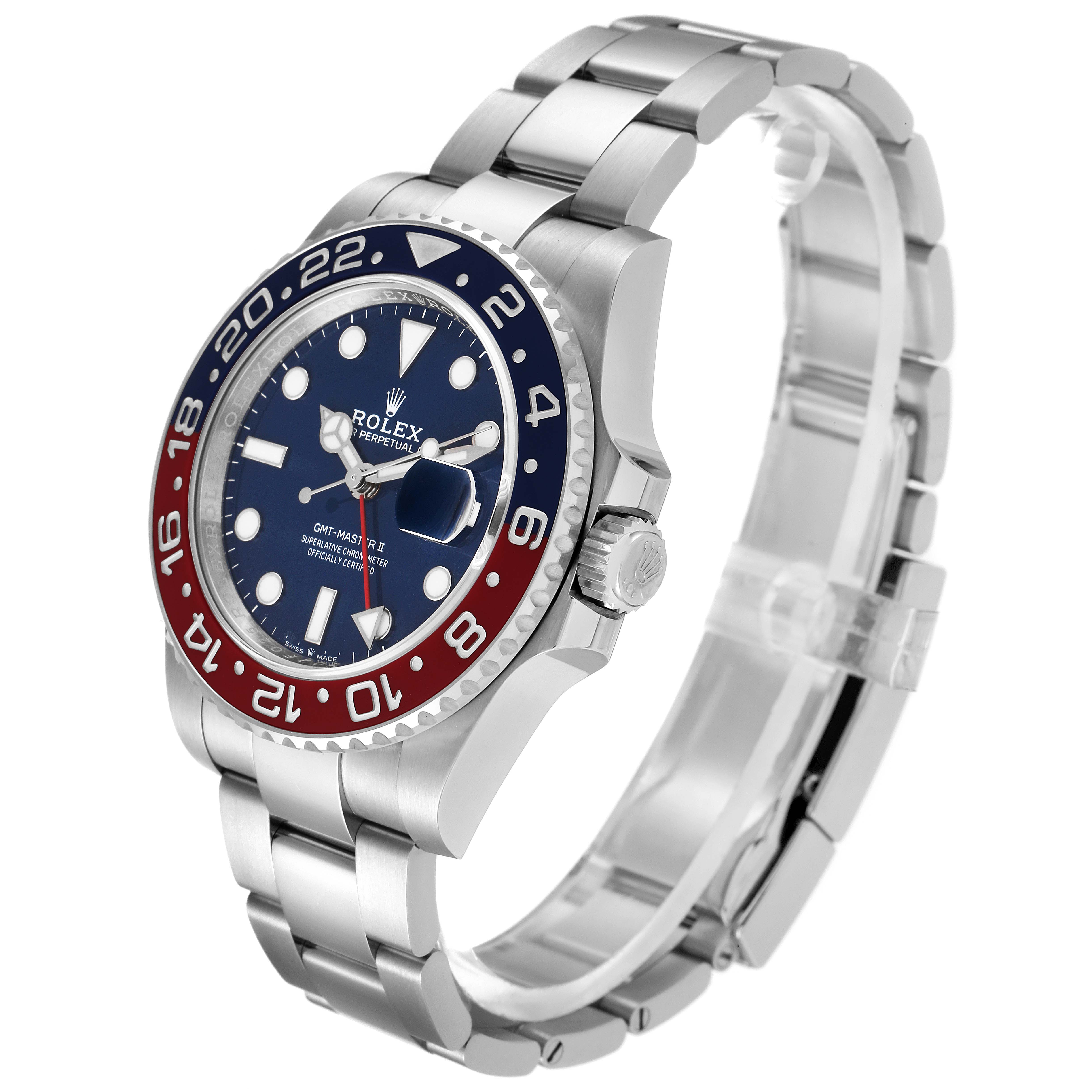 The Rolex GMT-Master 126719 Men's White Gold Blue Dial 126719 Men's White Gold Blue Dial watch is shown at a slight angle, showcasing the dial, bezel, crown, and stainless steel bracelet.