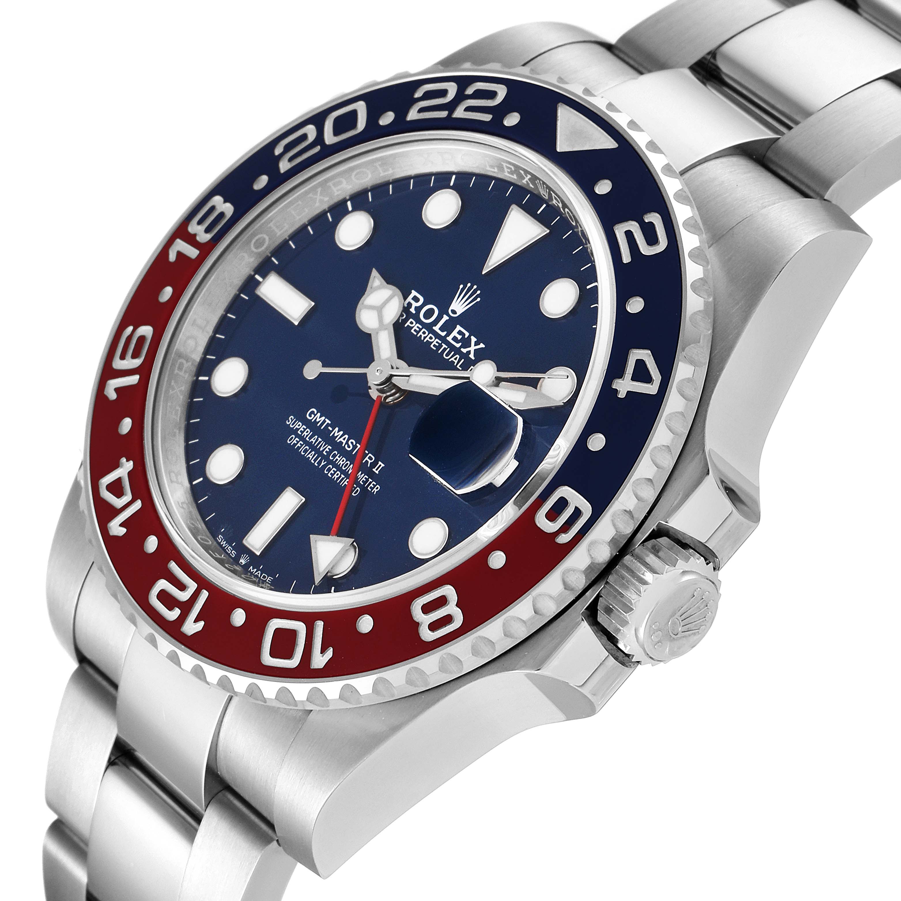 The image shows a side and top view of a Rolex GMT-Master 126719 Men's White Gold Blue Dial 126719 Men's White Gold Blue Dial watch, highlighting the bezel, crown, and part of the bracelet.