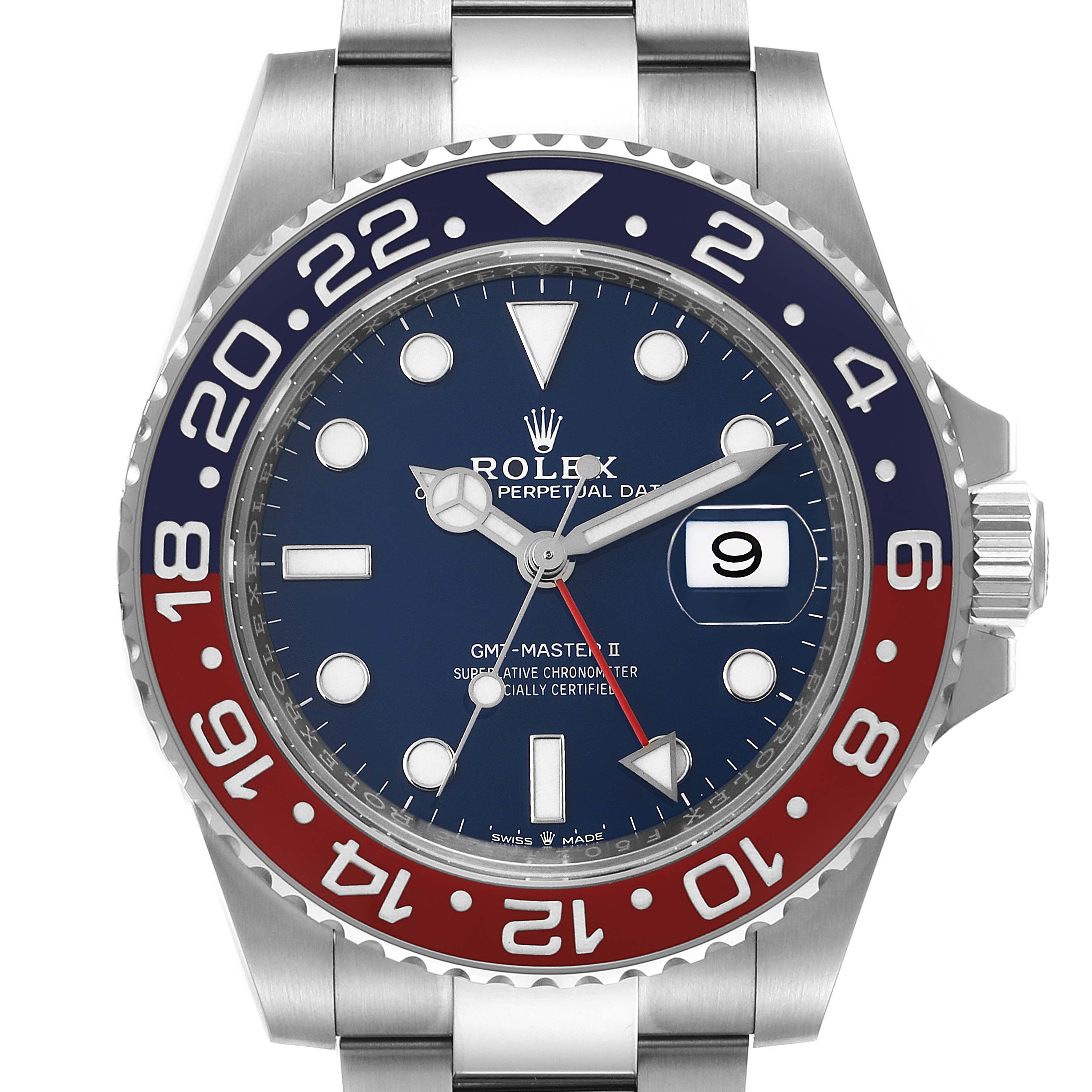 This is a front view of the Rolex GMT-Master 126719 Men's White Gold Blue Dial 126719 Men's White Gold Blue Dial II watch, showcasing its bezel, dial, and bracelet.