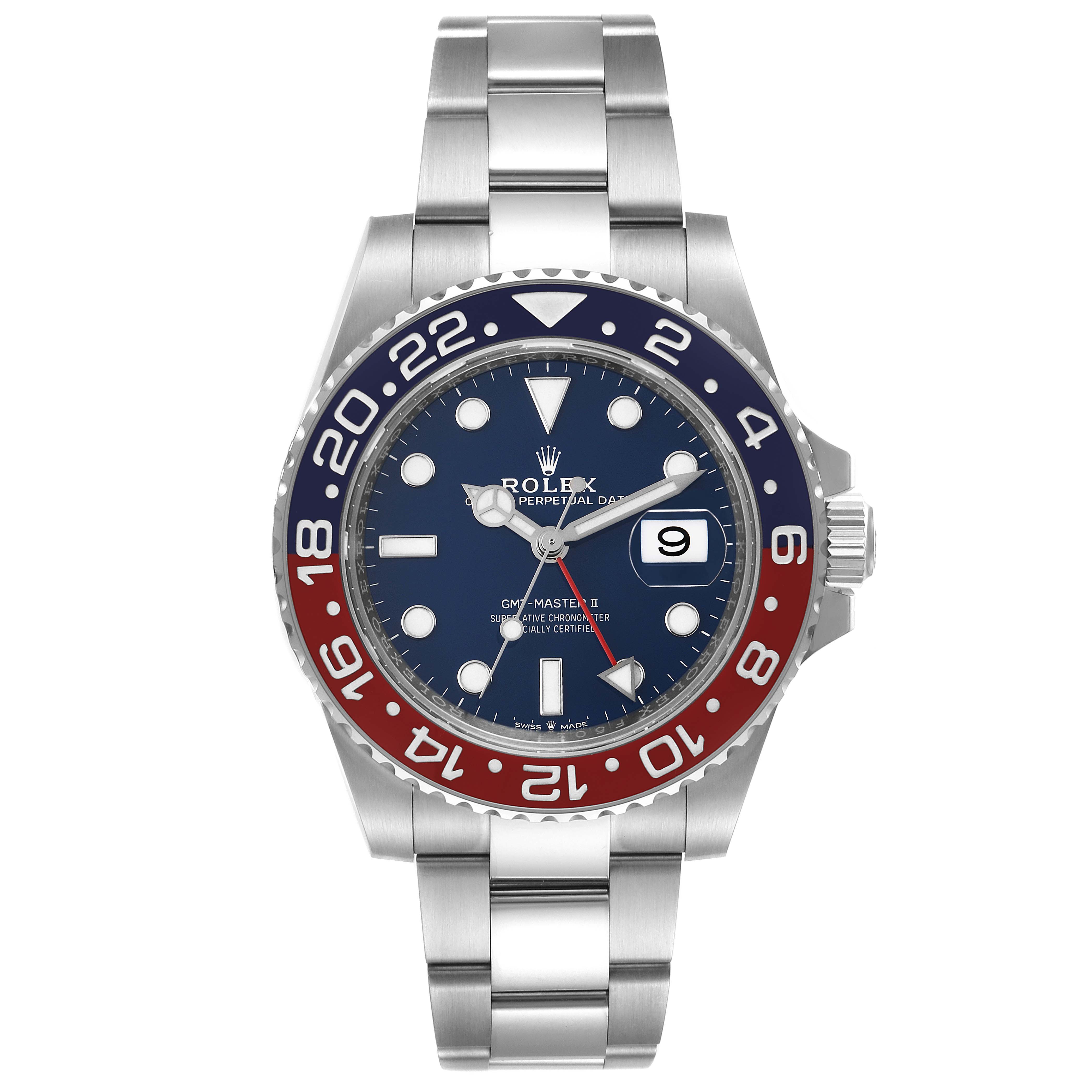The image shows a front view of a Rolex GMT-Master 126719 Men's White Gold Blue Dial 126719 Men's White Gold Blue Dial II watch, featuring its bezel, dial, hands, and bracelet.