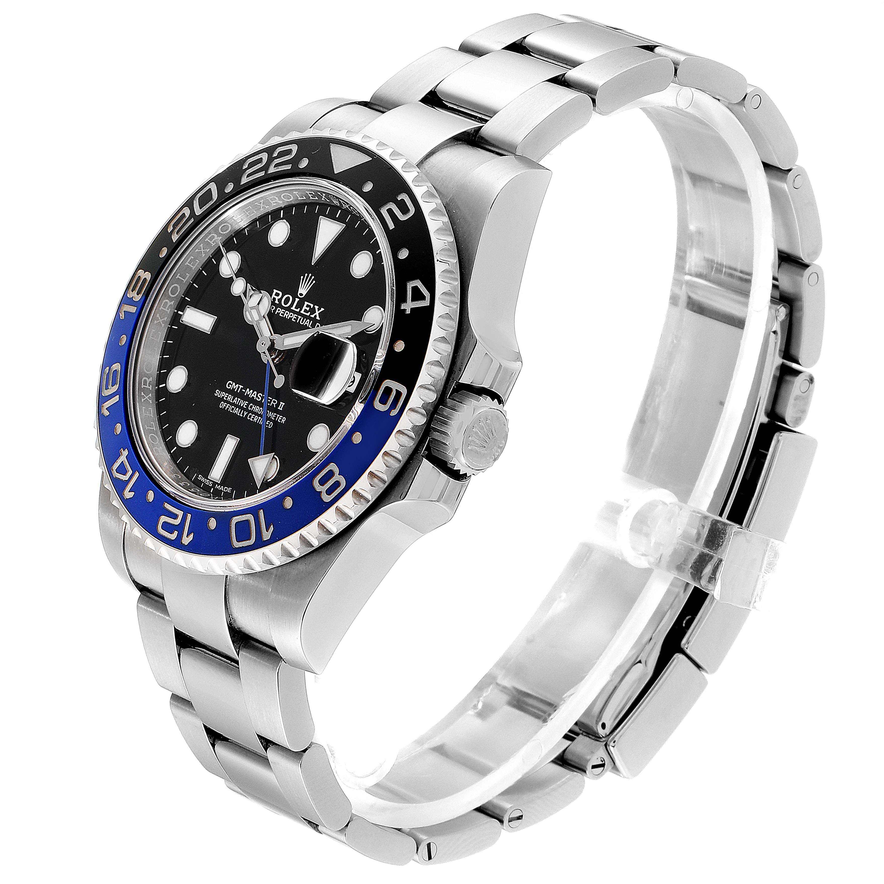 The image shows a side and front view of the Rolex GMT-Master 116710 Men
s Stainless Steel Black Dial 116710 Men
s Stainless Steel Black Dial watch, highlighting its bezel, dial, crown, and bracelet.