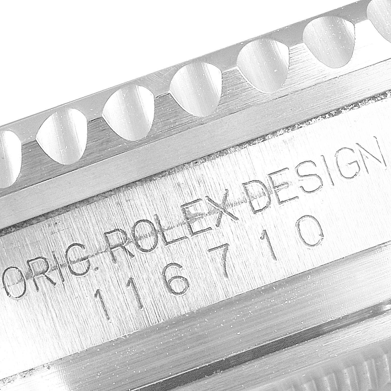 This close-up image shows the side profile of the Rolex GMT-Master 116710 Men
s Stainless Steel Black Dial 116710 Men
s Stainless Steel Black Dial watch, highlighting the model and design markings.