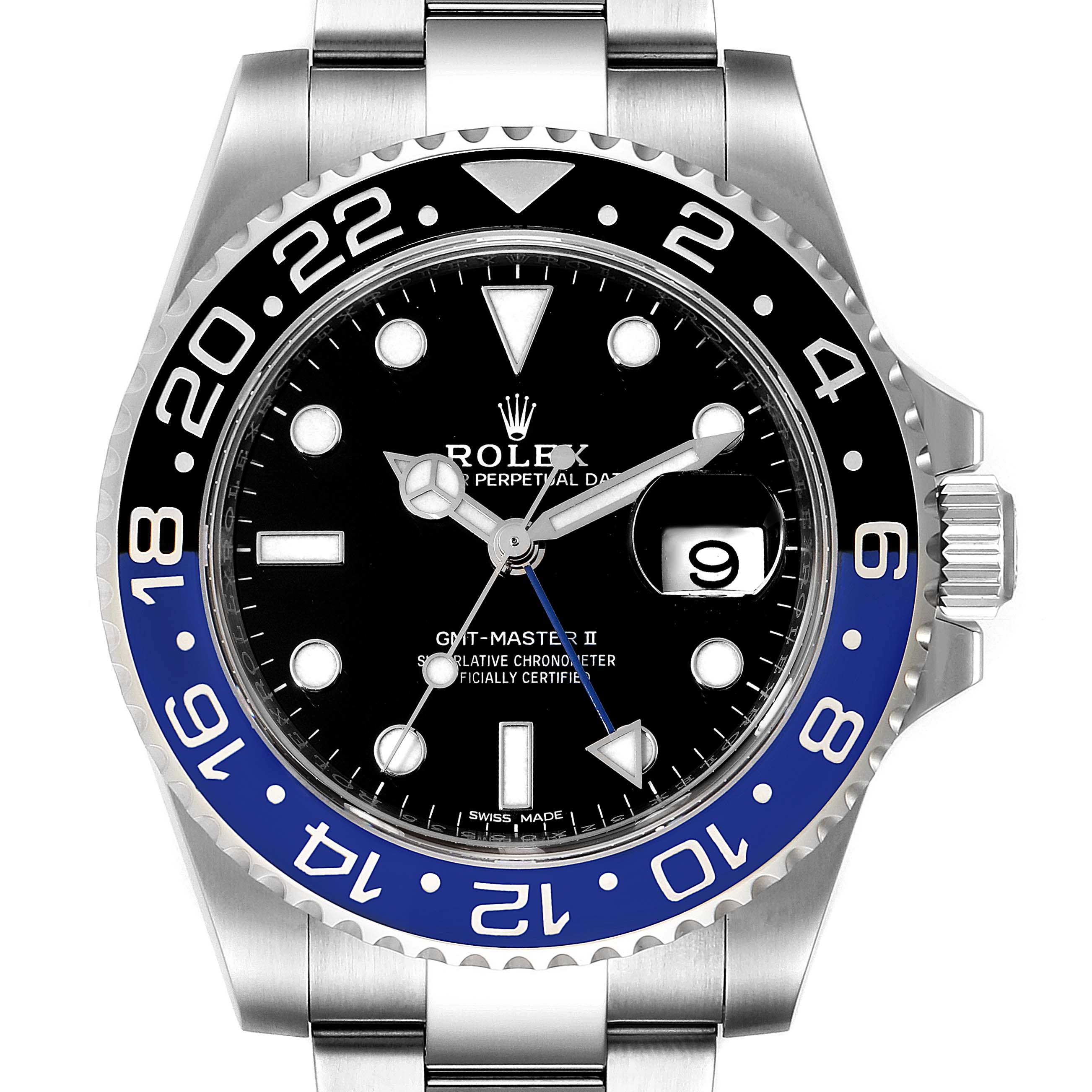 This image displays a front view of the Rolex GMT-Master 116710 Men
s Stainless Steel Black Dial 116710 Men
s Stainless Steel Black Dial II watch, highlighting its bezel, dial, hands, and date window.