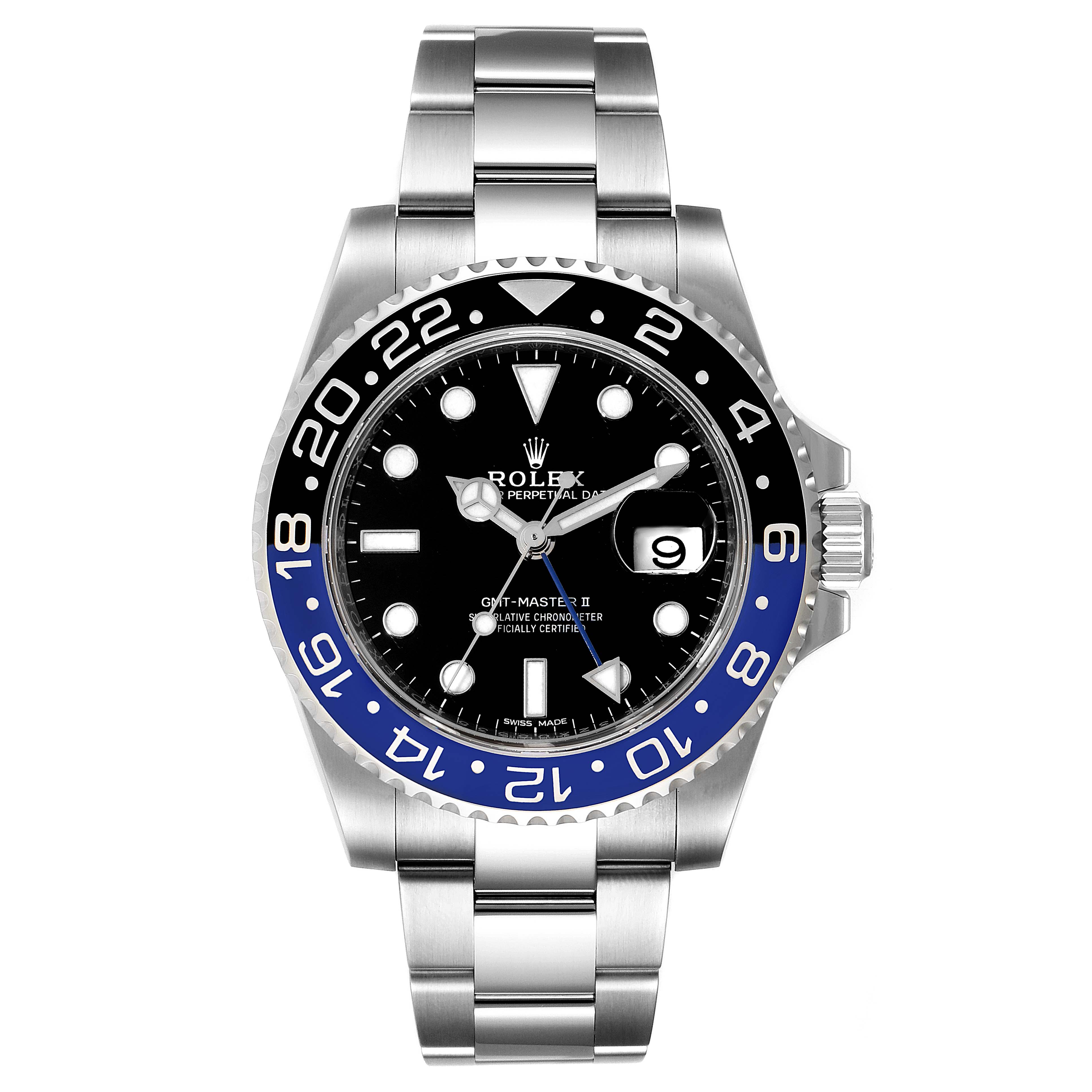 The image shows a front view of a Rolex GMT-Master 116710 Men
s Stainless Steel Black Dial 116710 Men
s Stainless Steel Black Dial watch, including the dial, bezel, and bracelet.