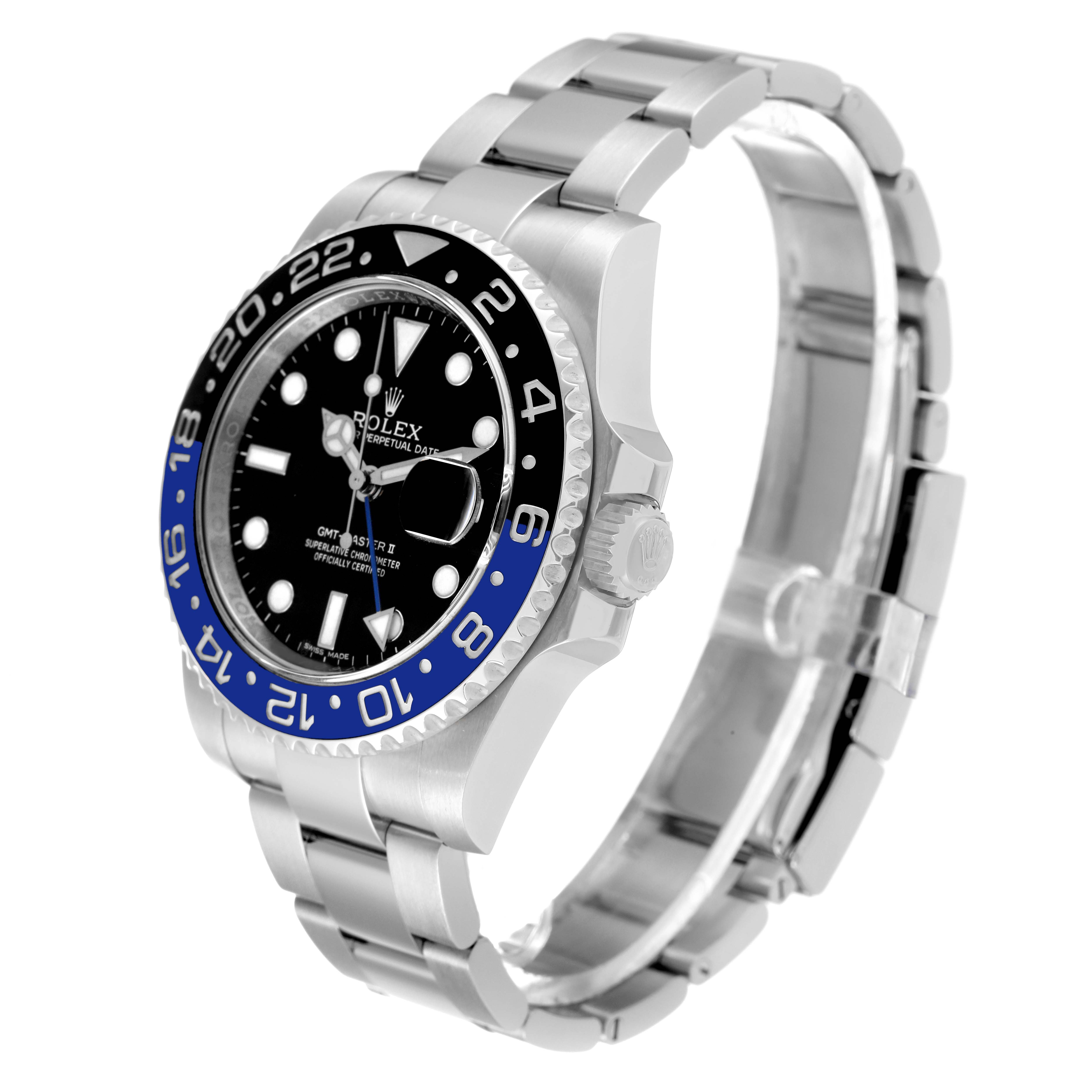 The image shows a side angle of a Rolex GMT-Master 116710 Men
s Stainless Steel Black Dial 116710 Men
s Stainless Steel Black Dial watch, highlighting the bezel, dial, and bracelet.