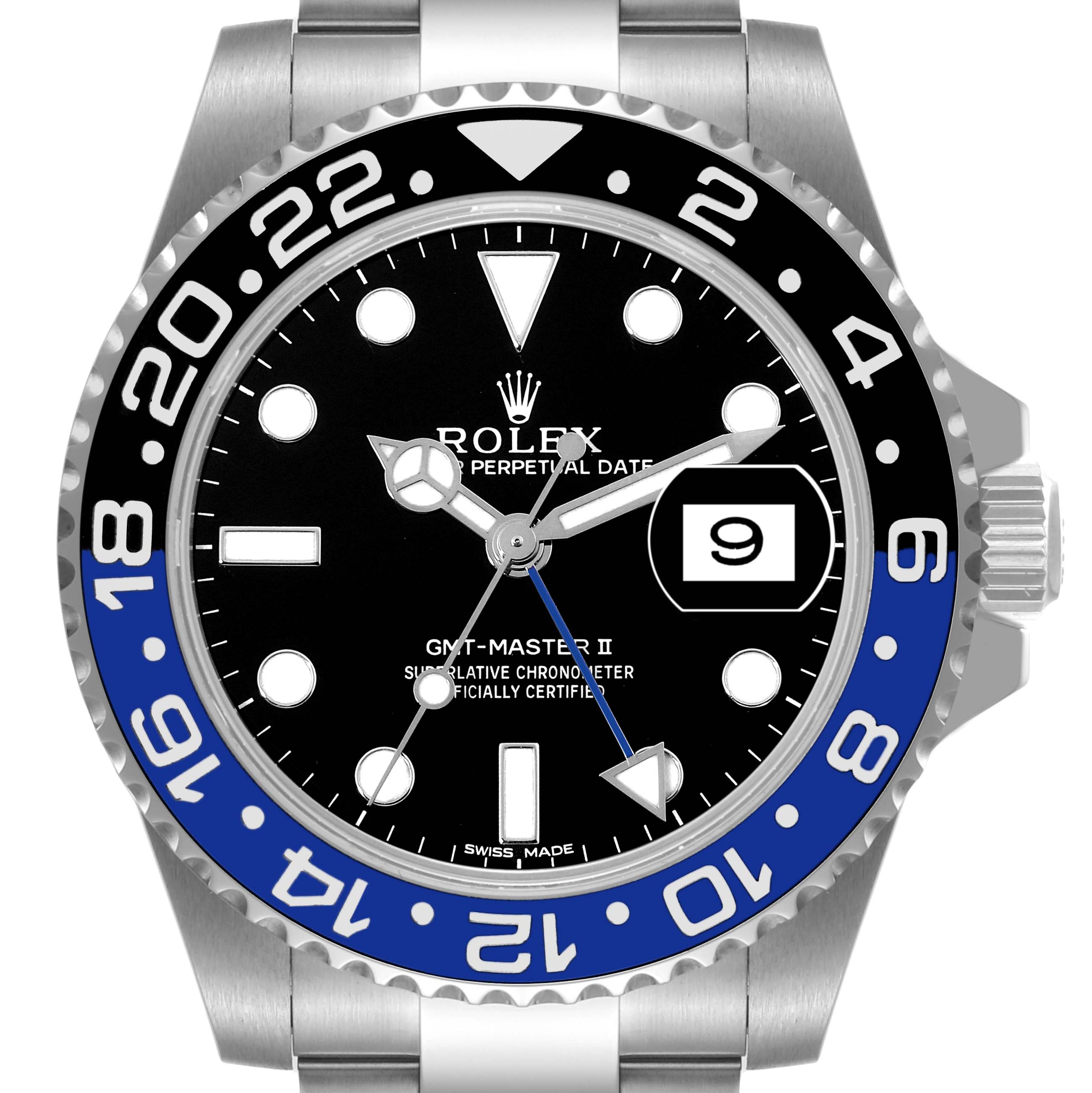 The image shows a front view of the Rolex GMT-Master 116710 Men
s Stainless Steel Black Dial 116710 Men
s Stainless Steel Black Dial II watch face and bezel.